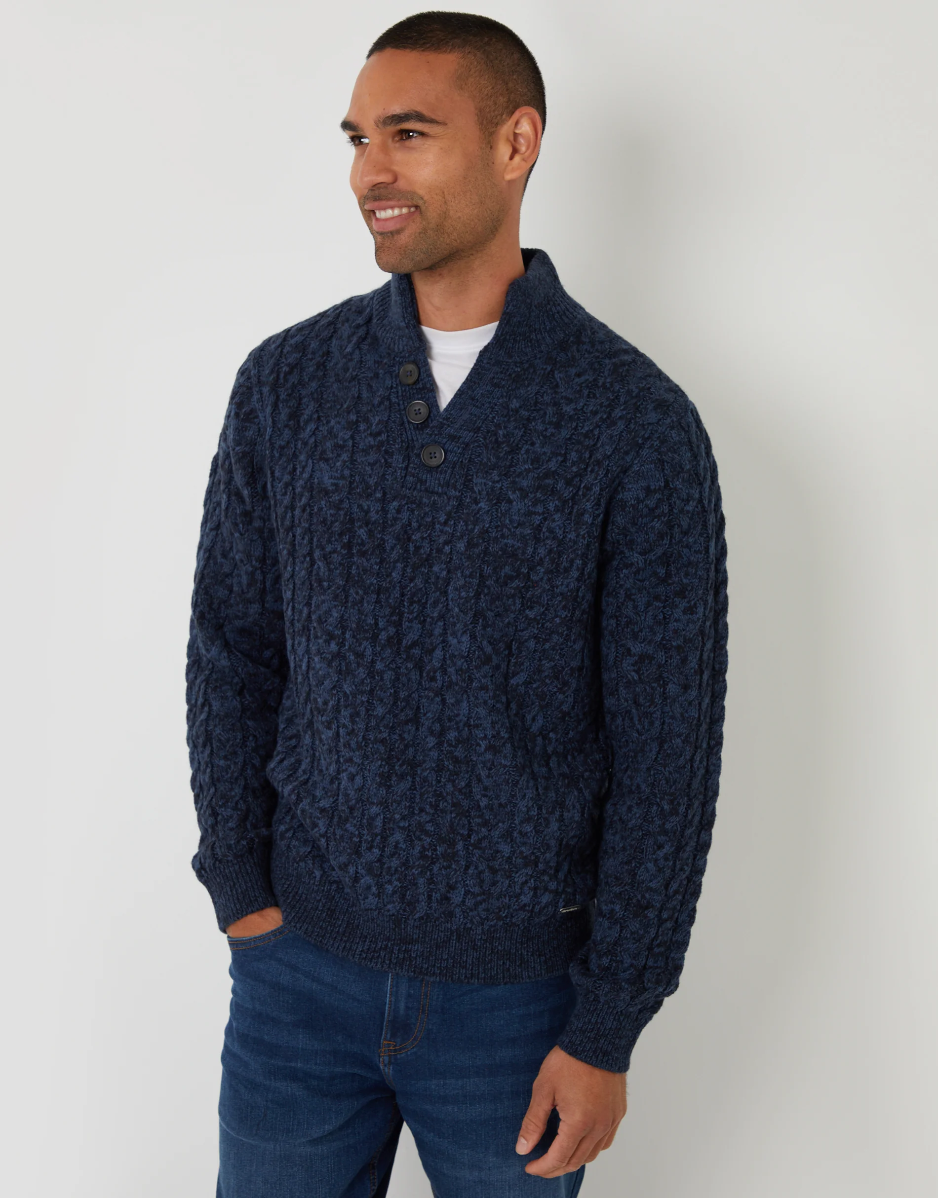 Funnel Neck Cable Knit Jumper in Navy Twist