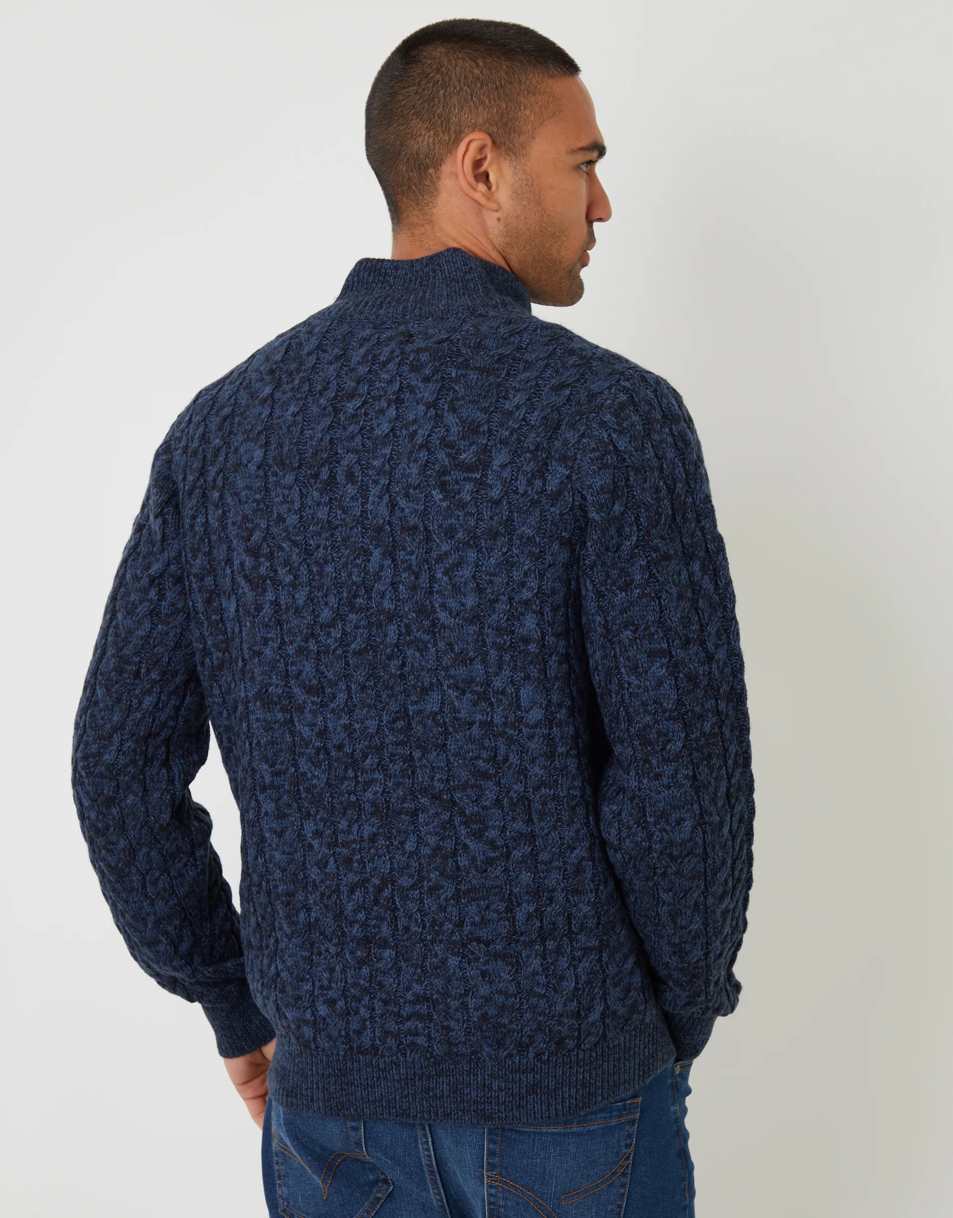 Funnel Neck Cable Knit Jumper in Navy Twist - Image 2