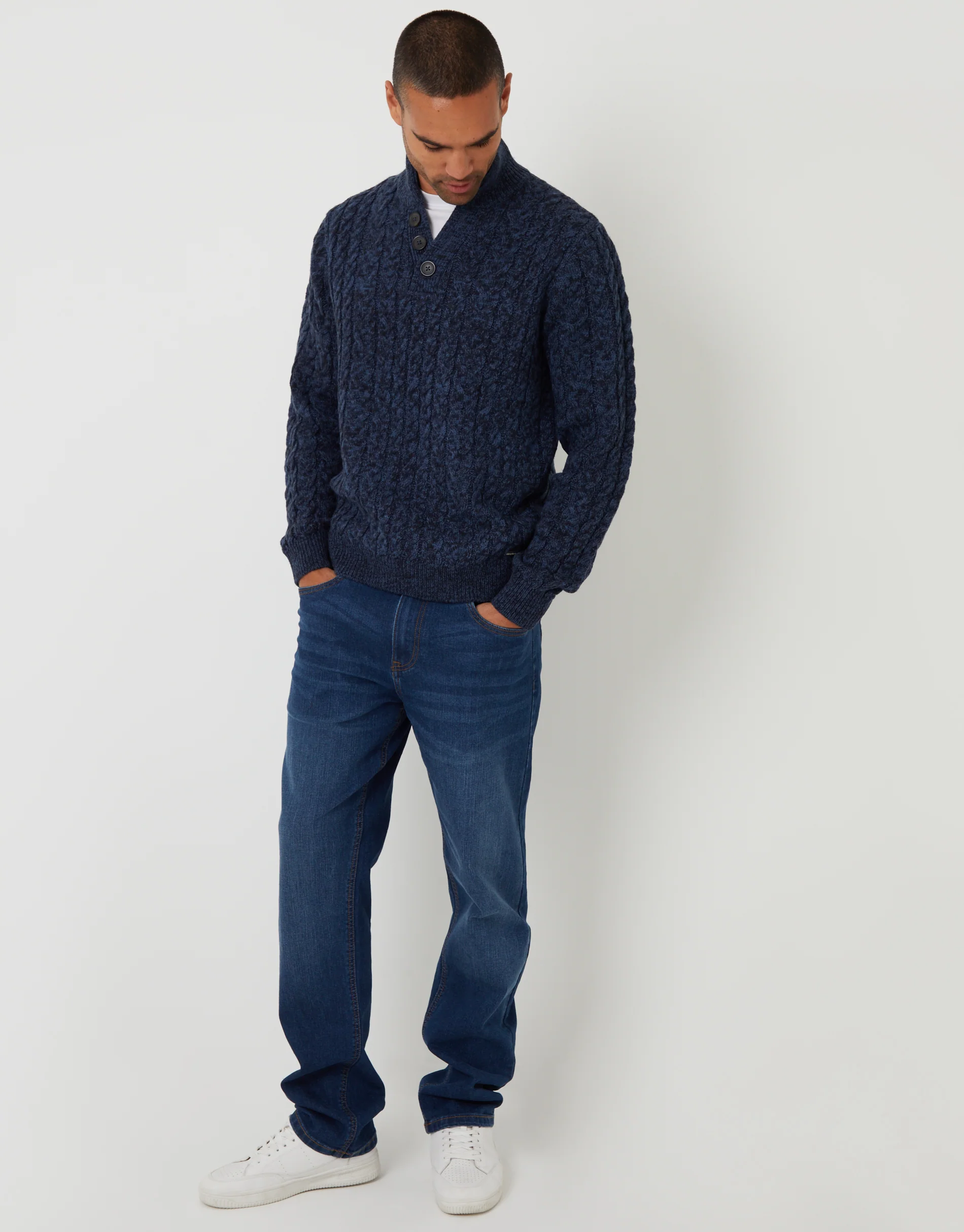 Funnel Neck Cable Knit Jumper in Navy Twist - Image 3
