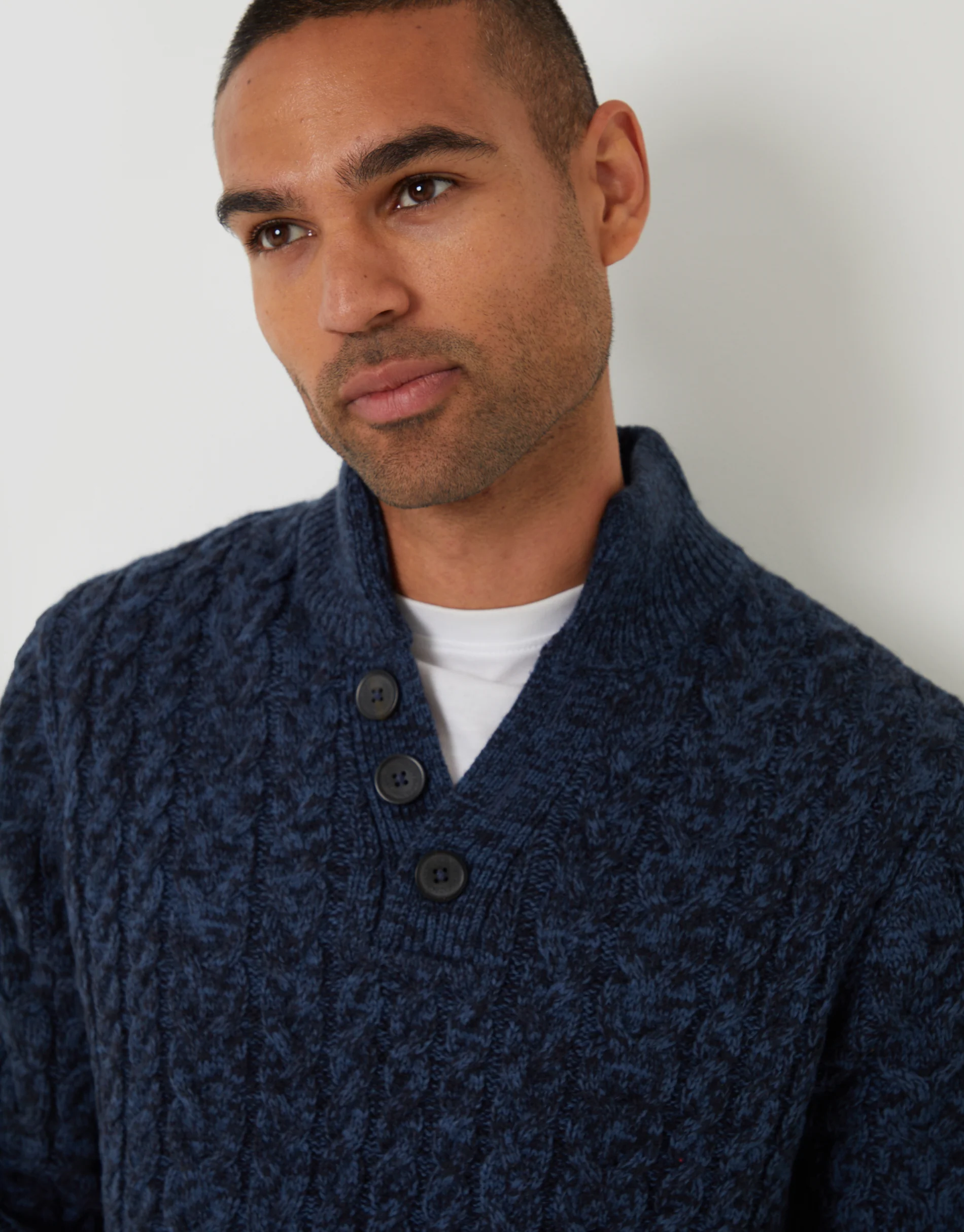 Funnel Neck Cable Knit Jumper in Navy Twist - Image 4