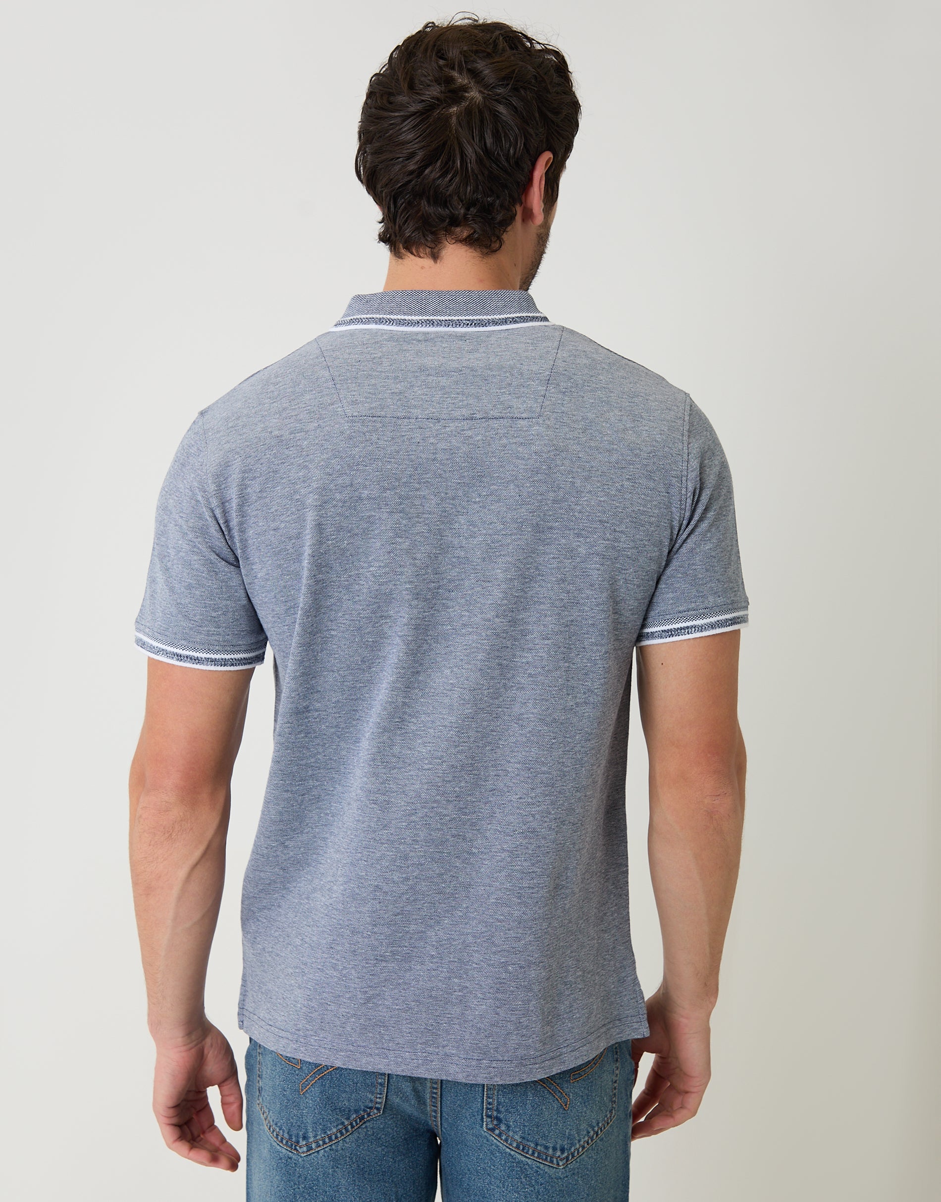 Two Tone Cotton Pique Polo Shirt in Navy - Image 2