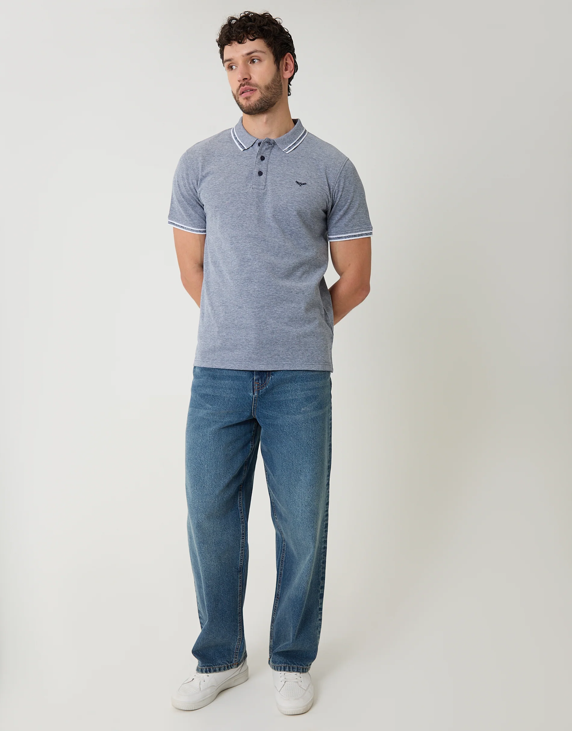 Two Tone Cotton Pique Polo Shirt in Navy - Image 3