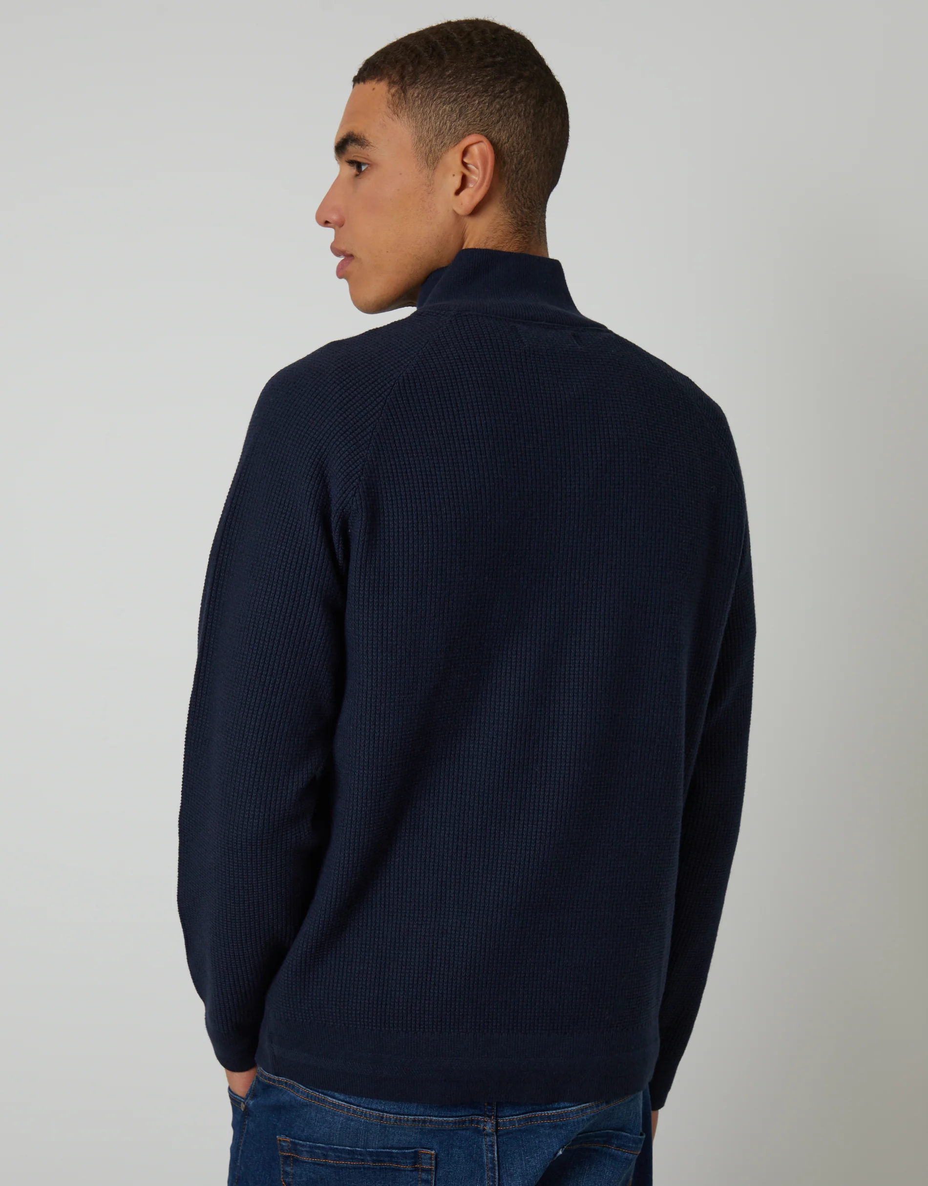 Waffle Knit Raglan Quarter Zip Jumper in Navy - Image 2