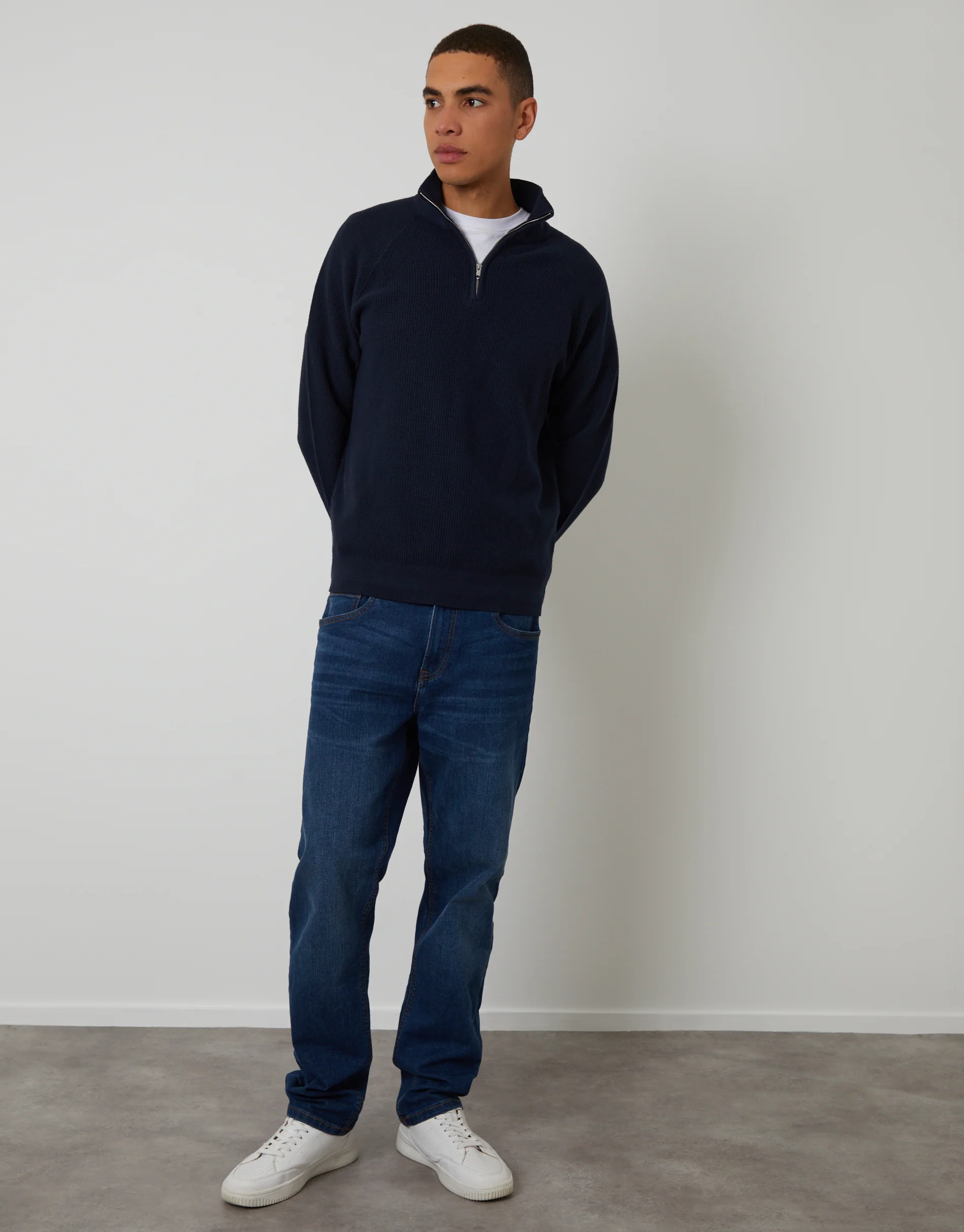 Waffle Knit Raglan Quarter Zip Jumper in Navy - Image 3