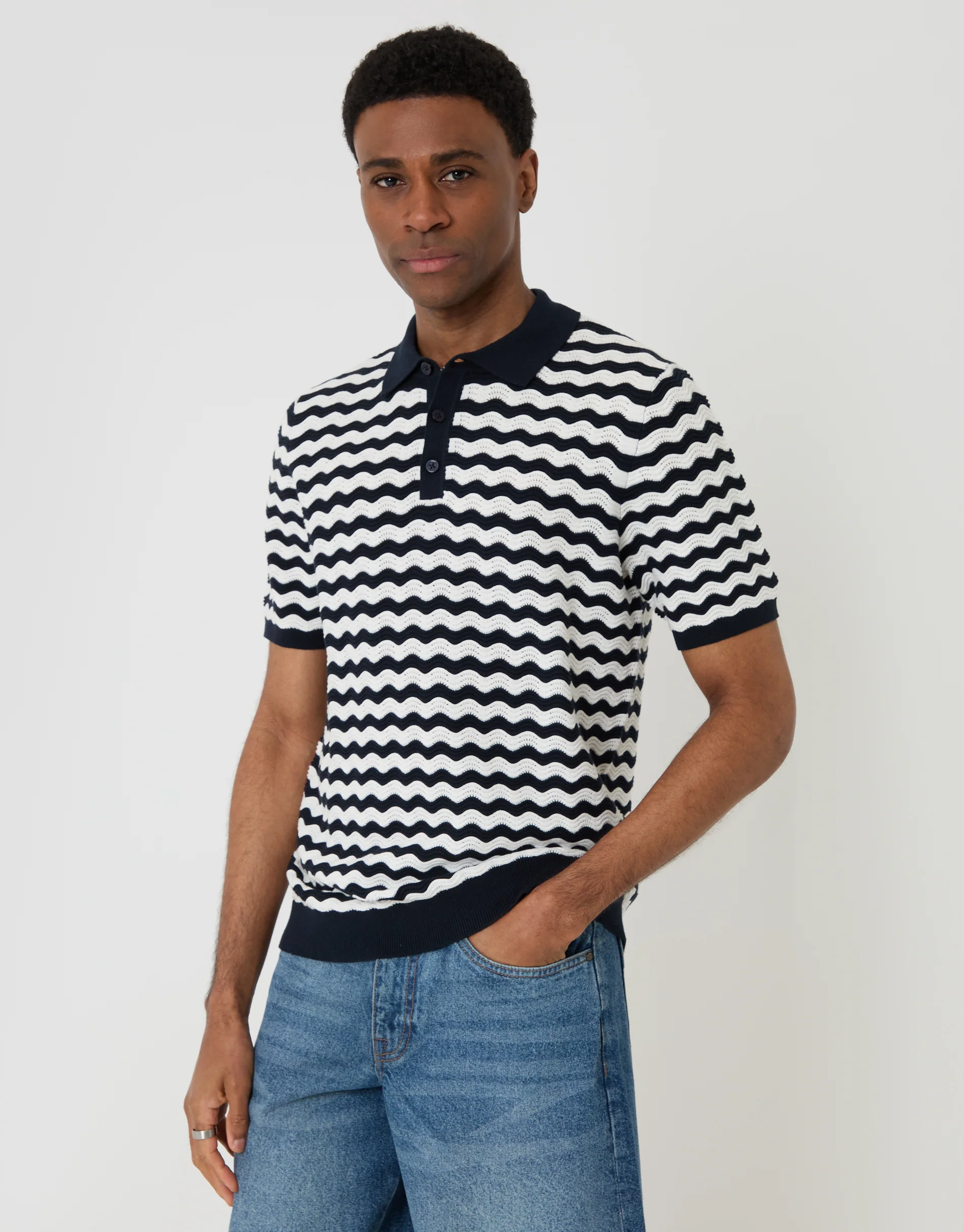 Wavy Textured Knitted Polo in Navy Stripe - Image 2