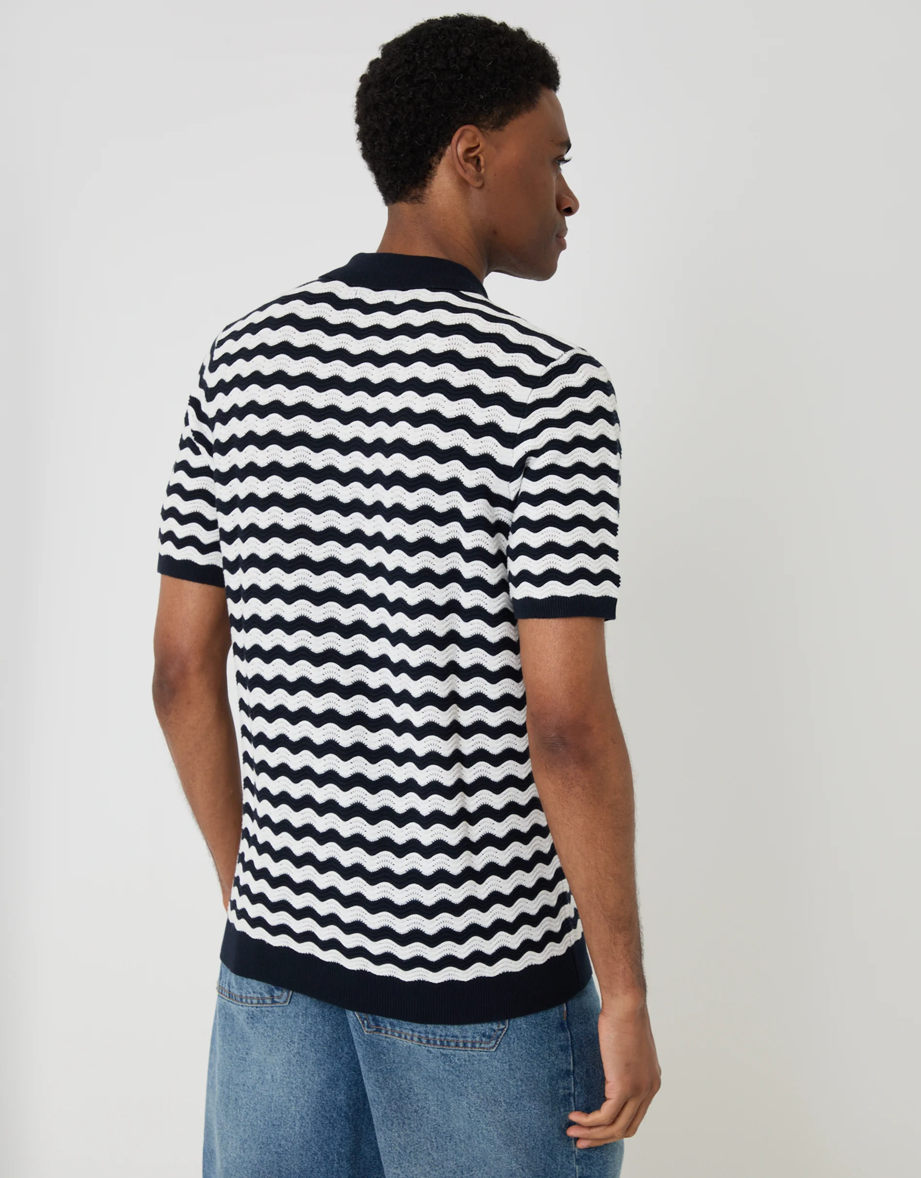 Wavy Textured Knitted Polo in Navy Stripe - Image 3