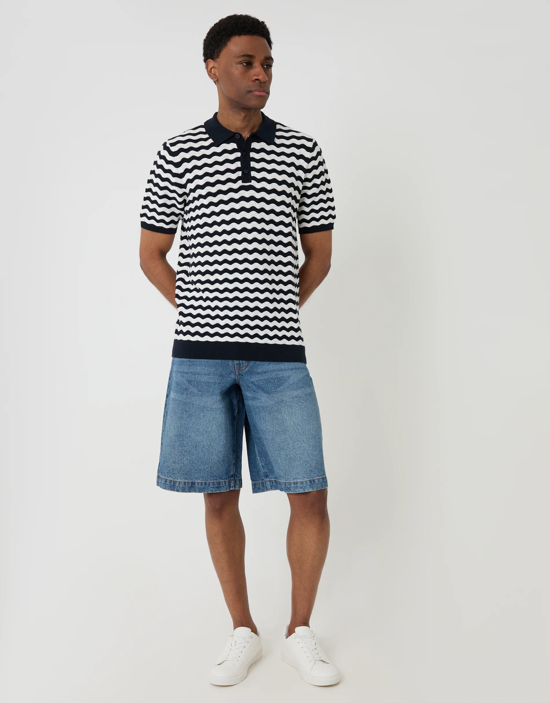Wavy Textured Knitted Polo in Navy Stripe - Image 4