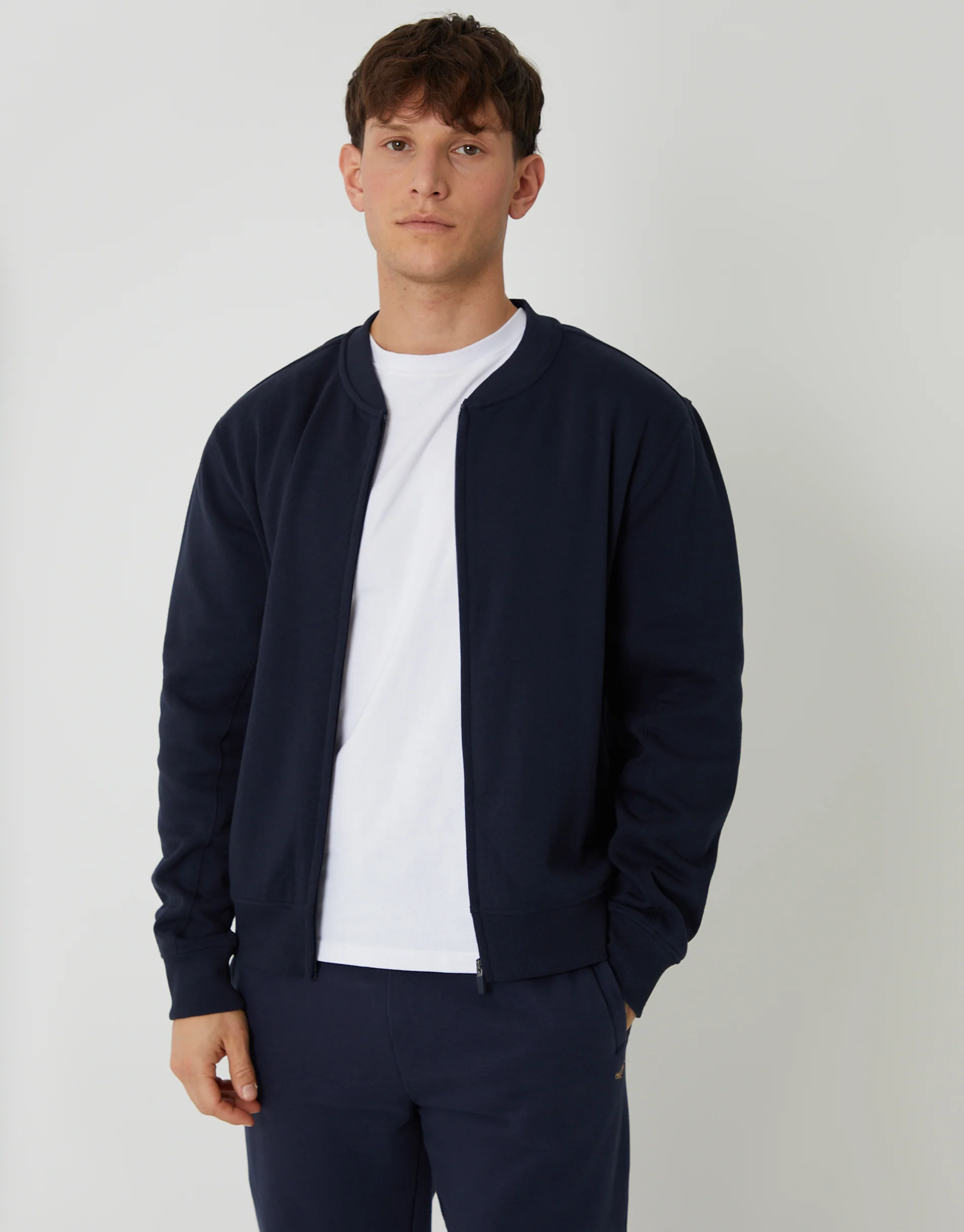 Zip Through Sweat Bomber in Navy