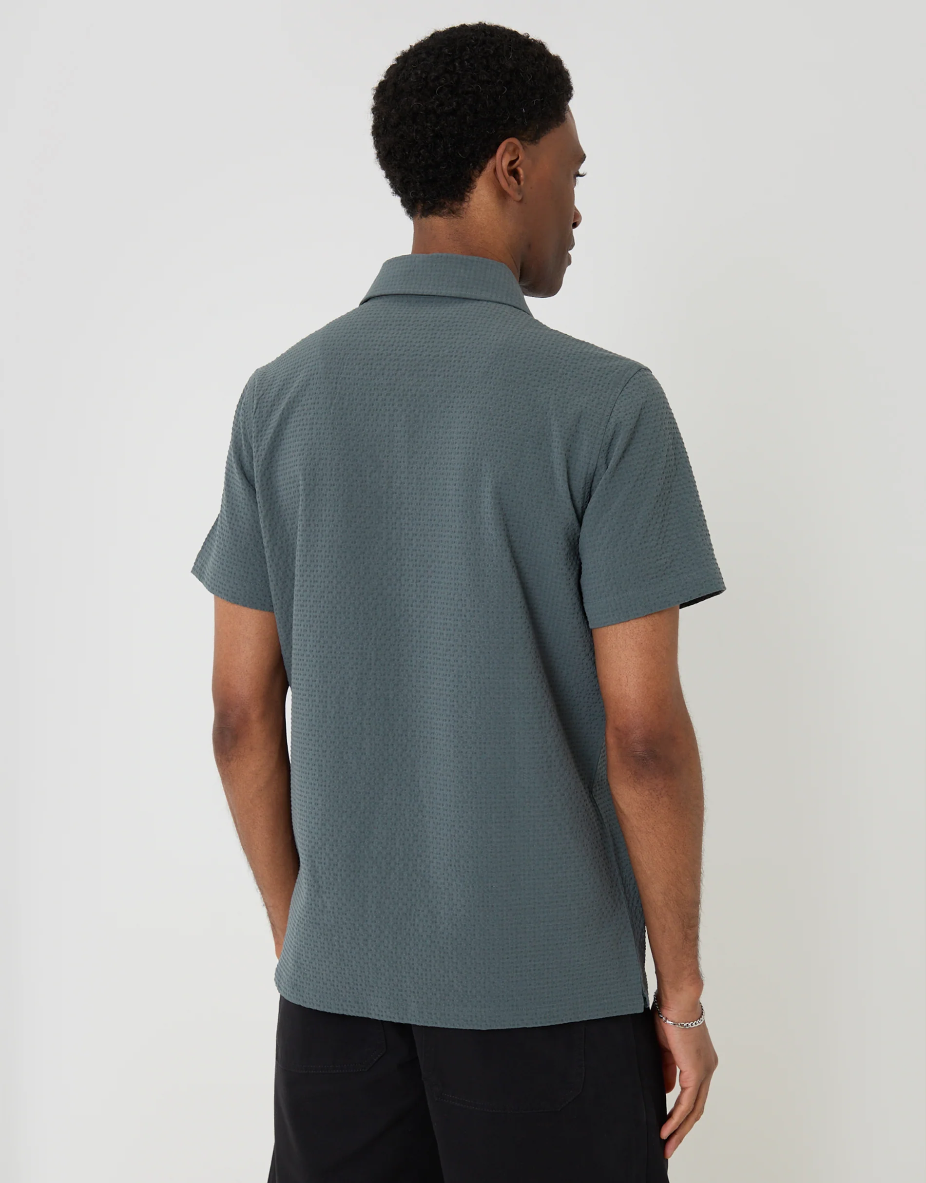 Boxy Fit Textured Short Sleeve Shirt in Petrol Blue - Image 2