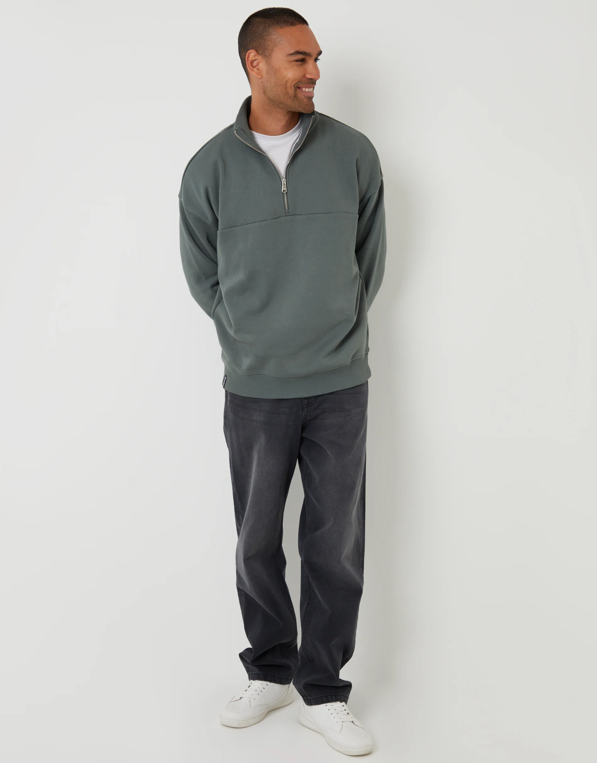 Relaxed Fit Half Zip Sweatshirt in Petrol Blue - Image 3