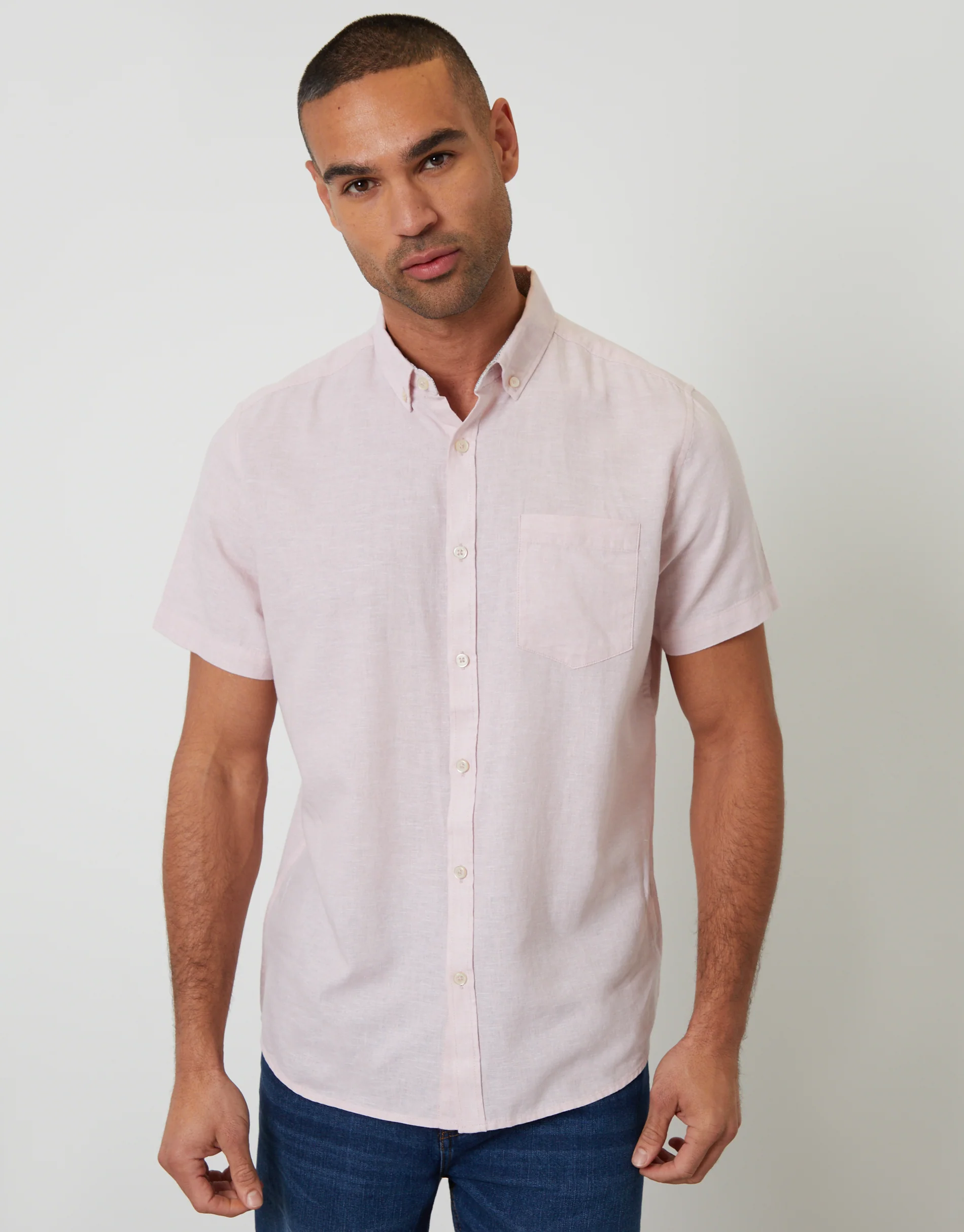 Short Sleeve Linen Blend Shirt in Pink