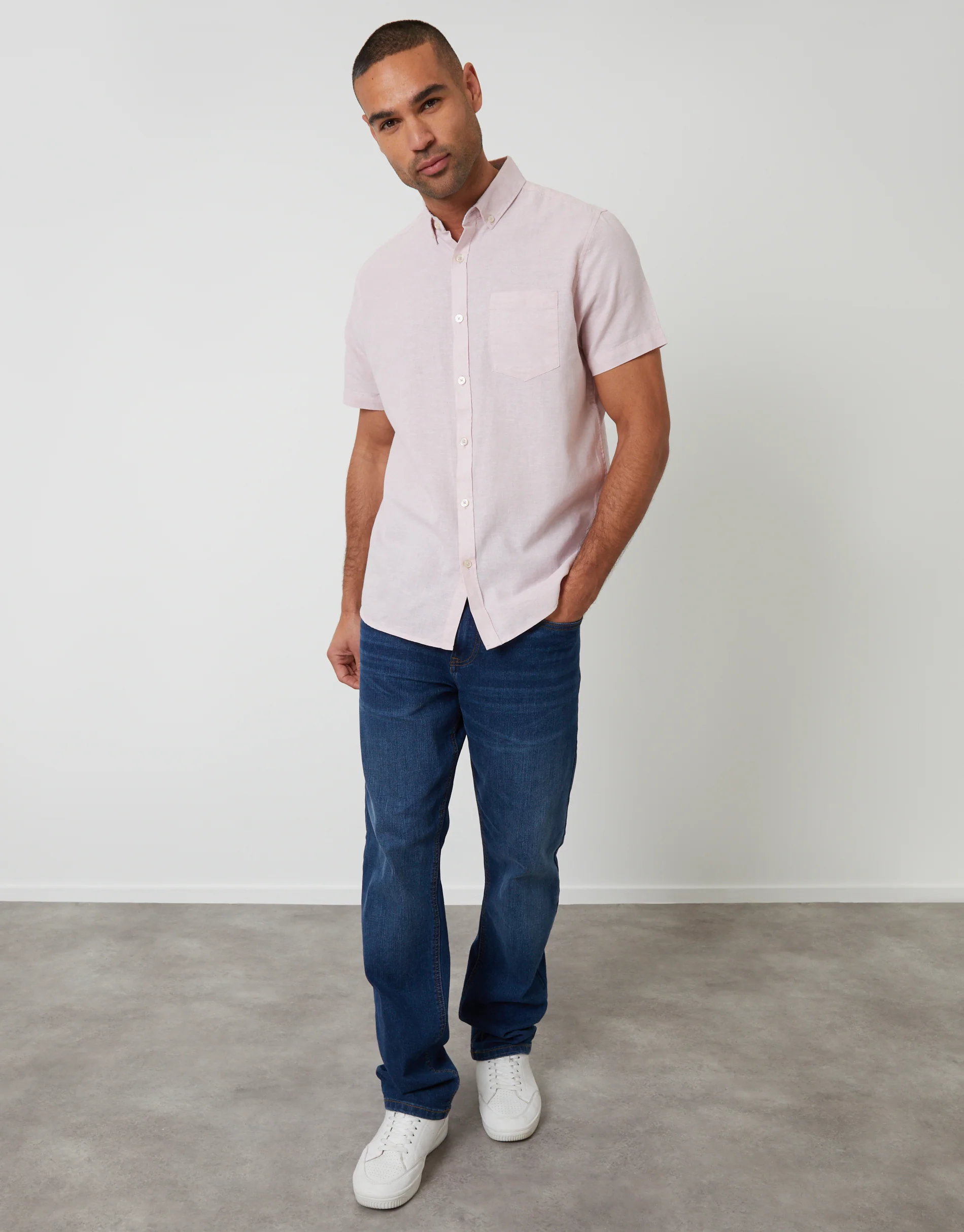 Short Sleeve Linen Blend Shirt in Pink - Image 3