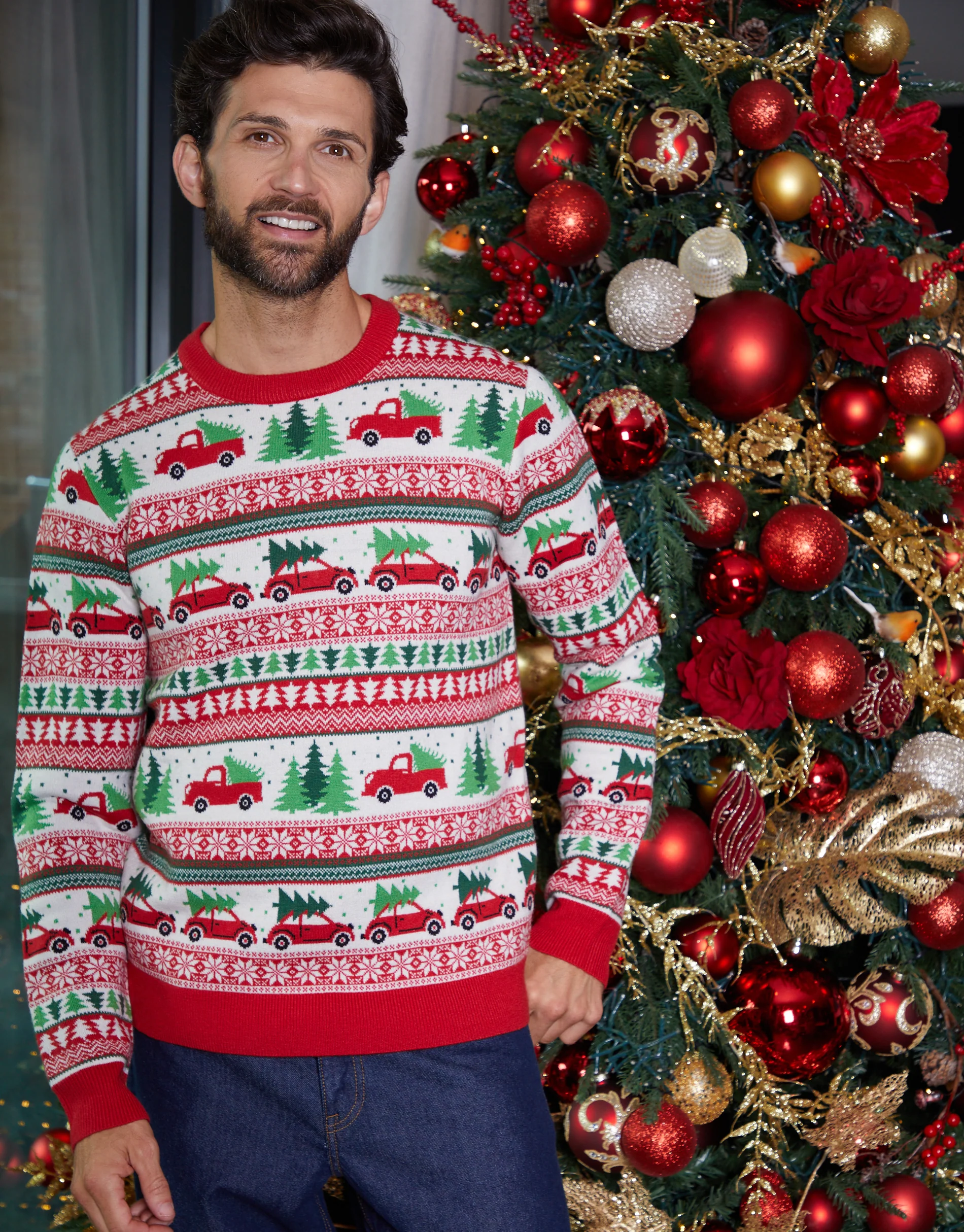 Christmas Car Fairisle Knitted Crew Neck Jumper in Red