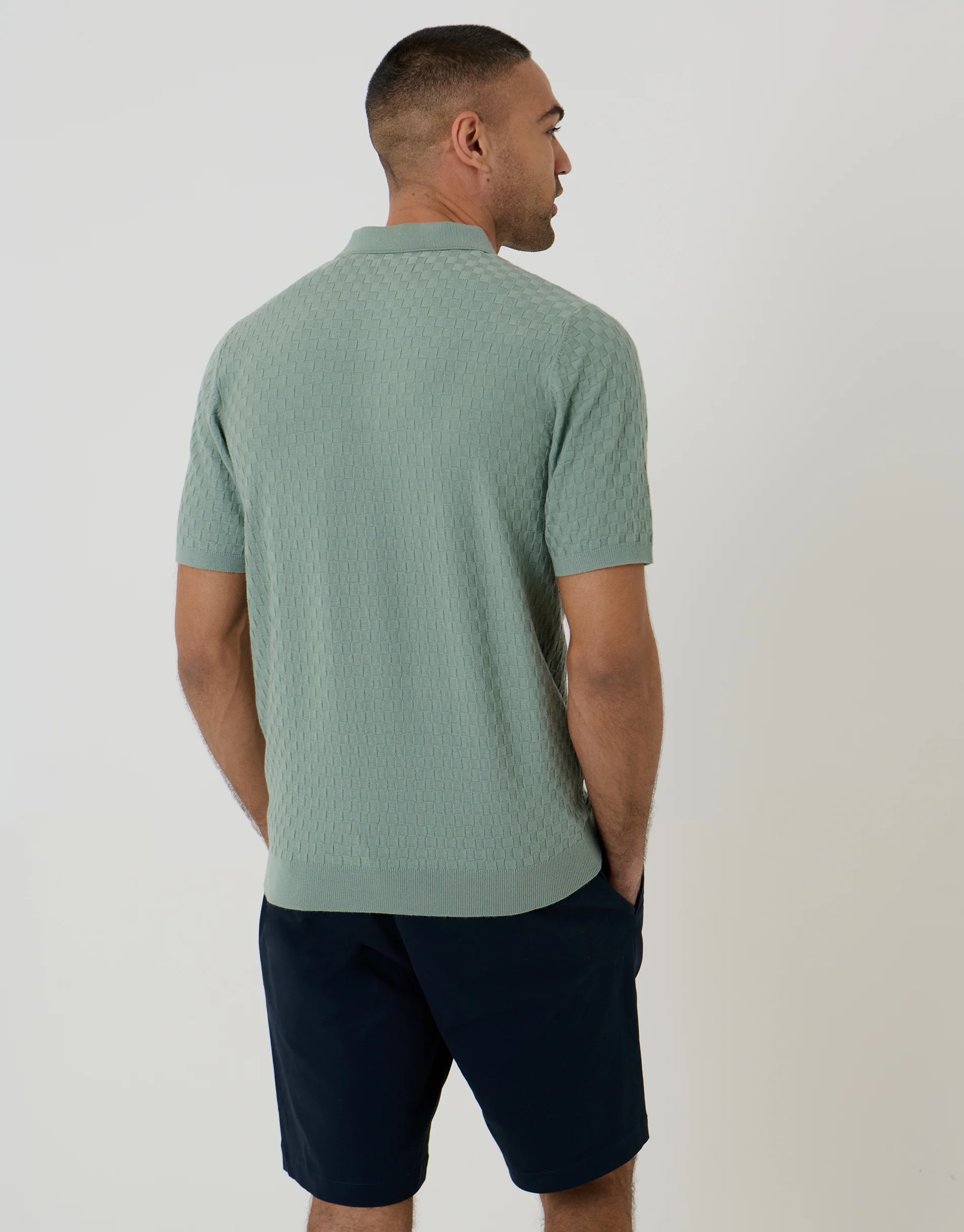 Basket Stitch Knitted Polo in Sage Green - Image 2