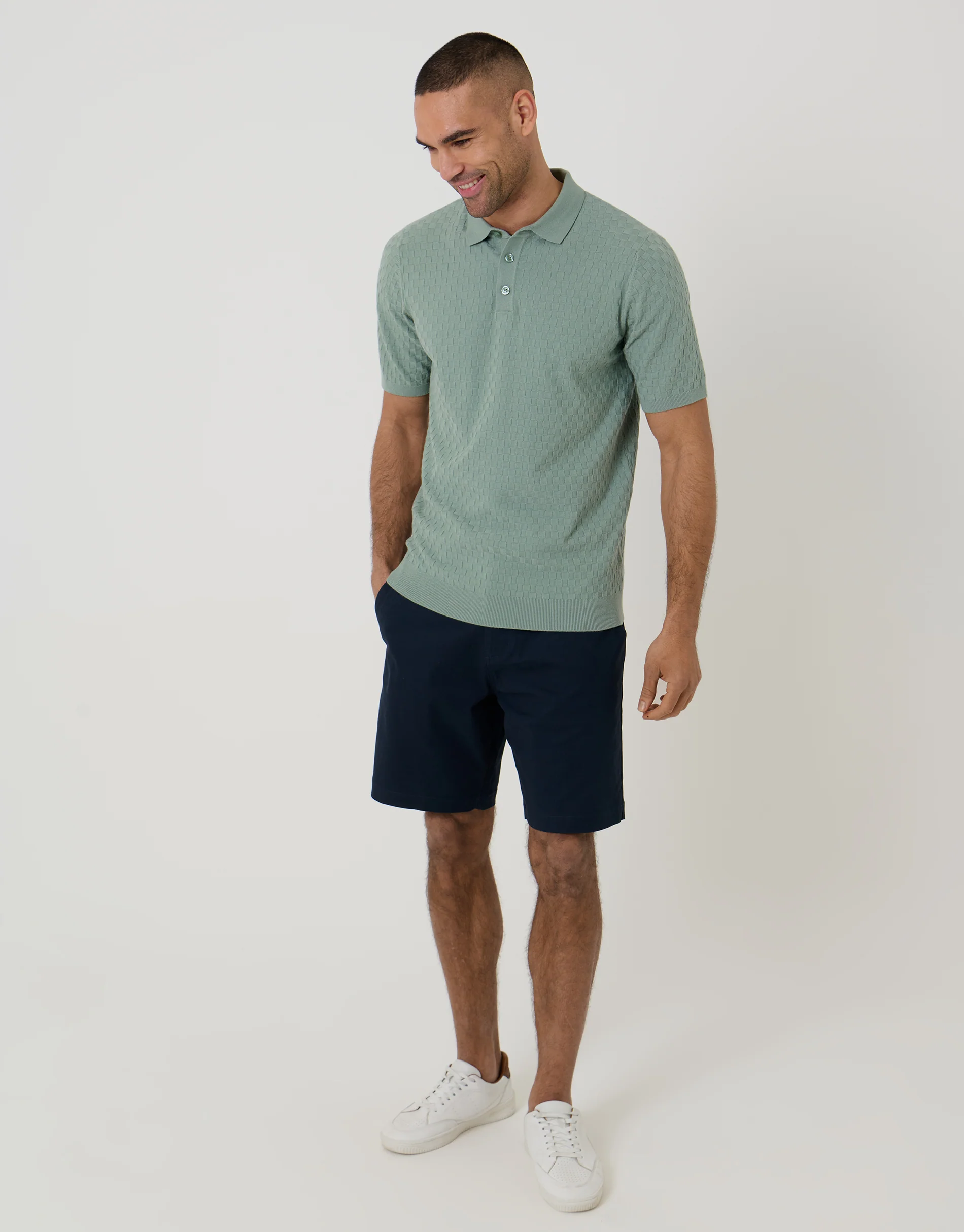 Basket Stitch Knitted Polo in Sage Green - Image 3