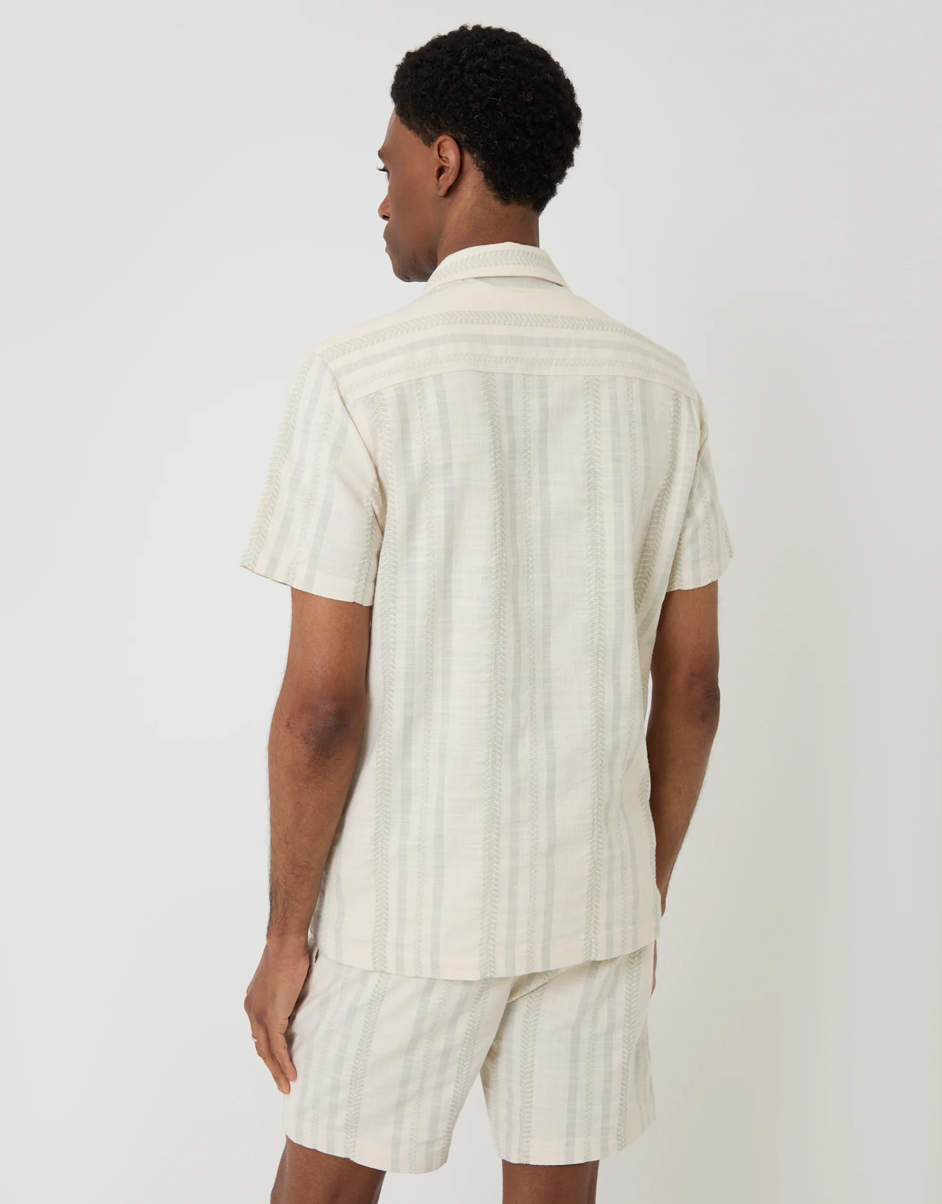 Chevron Cotton Short Sleeve Shirt in Sage Green Stripe - Image 2