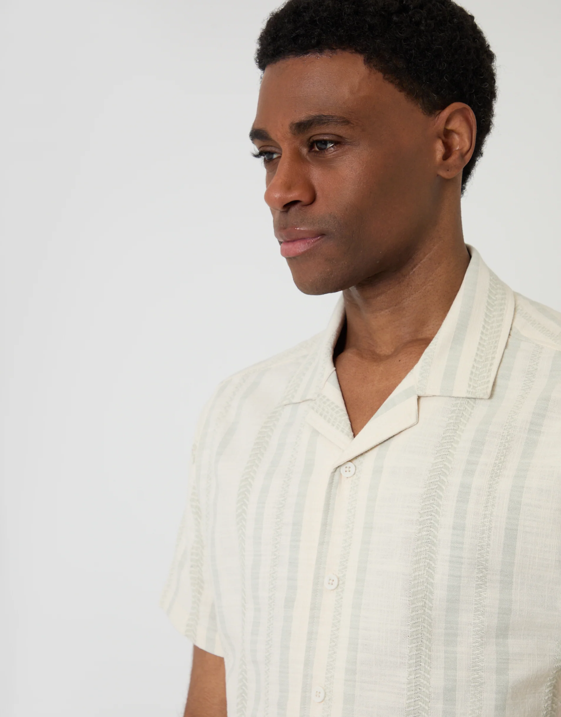 Chevron Cotton Short Sleeve Shirt in Sage Green Stripe - Image 4
