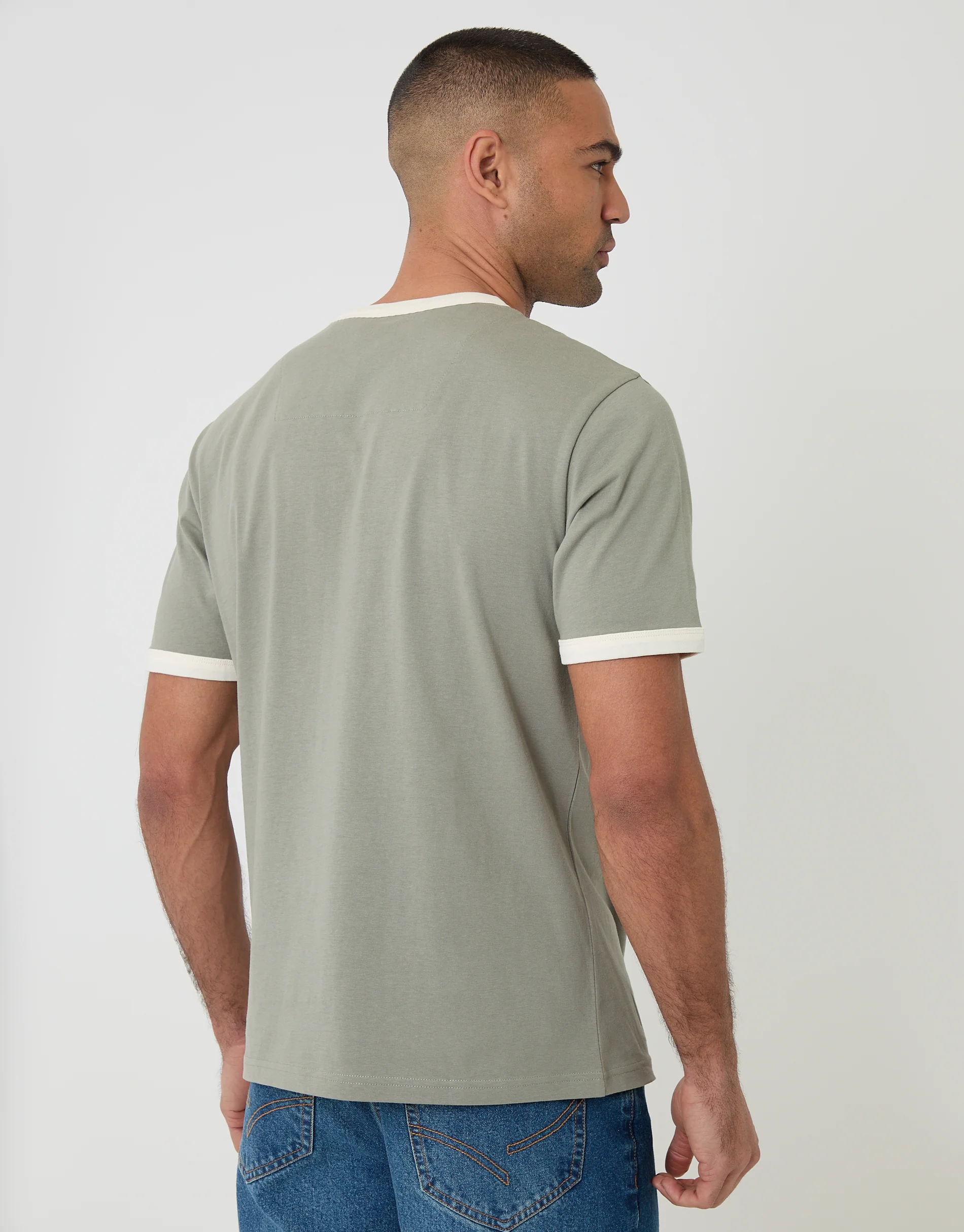 Cotton Ringer T-Shirt in Sage Green - Image 2