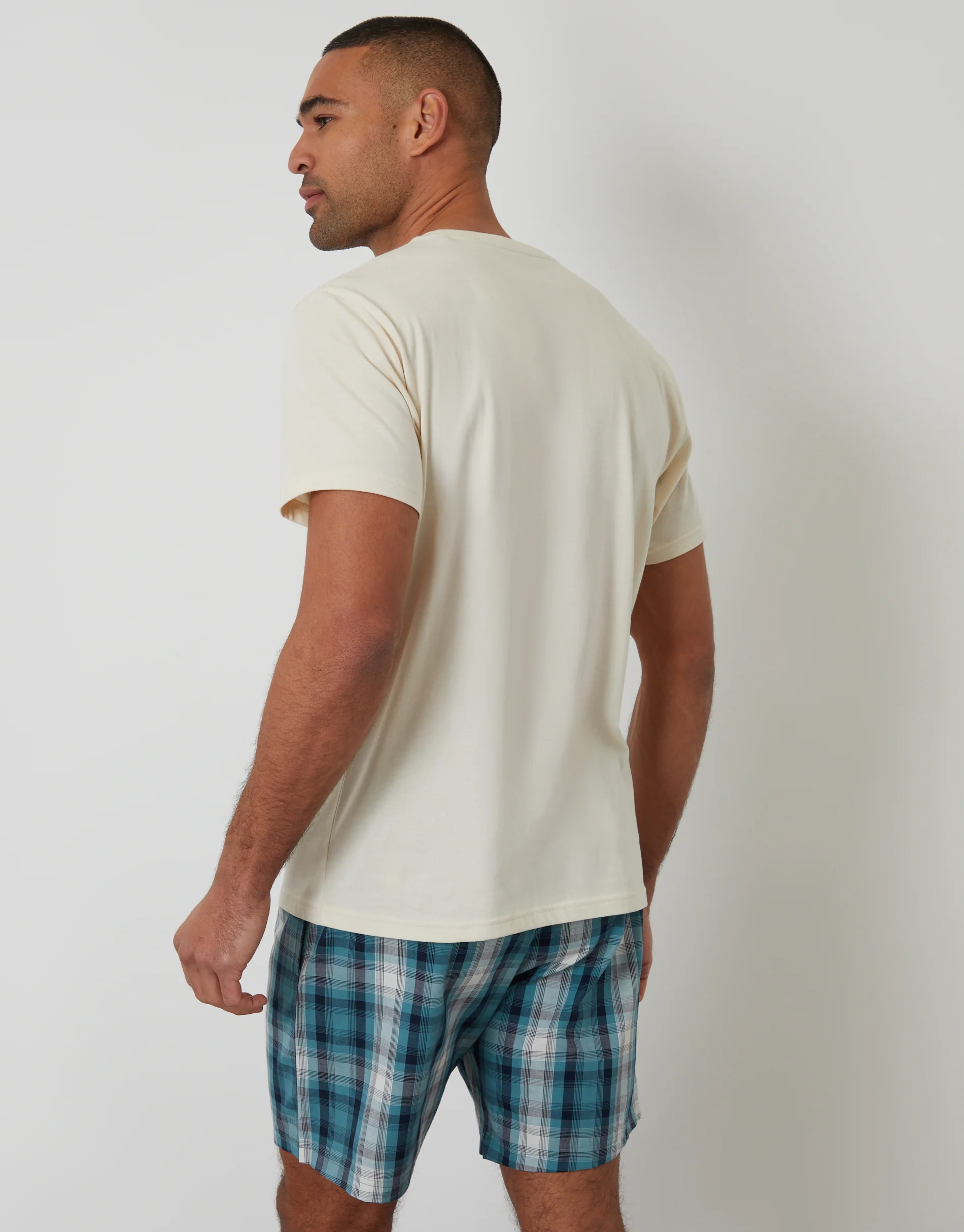T-Shirt & Shorts Pyjama Set in Ecru & Blue Check - Image 2