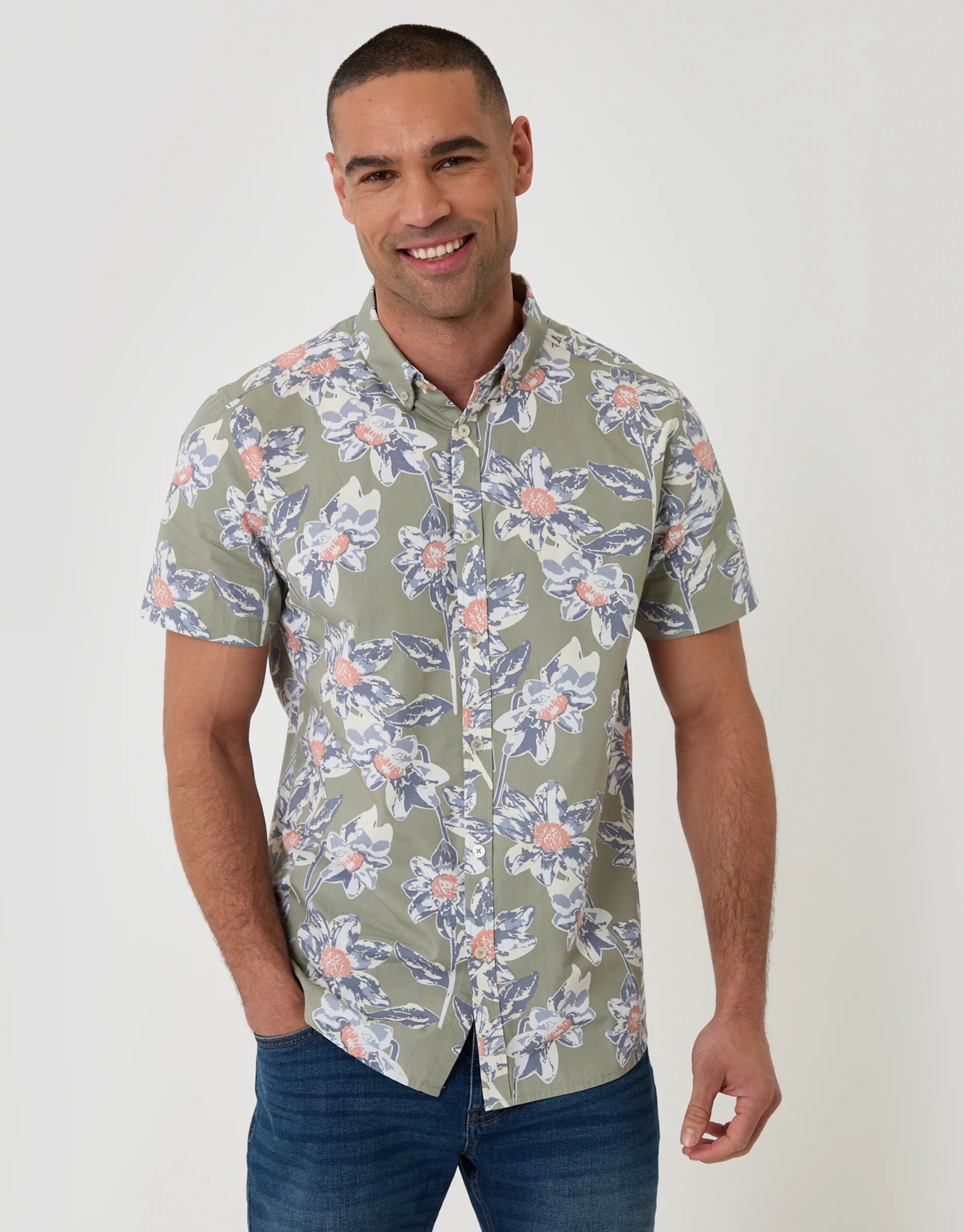 Floral Print Short Sleeve Shirt in Sage Green - Image 2