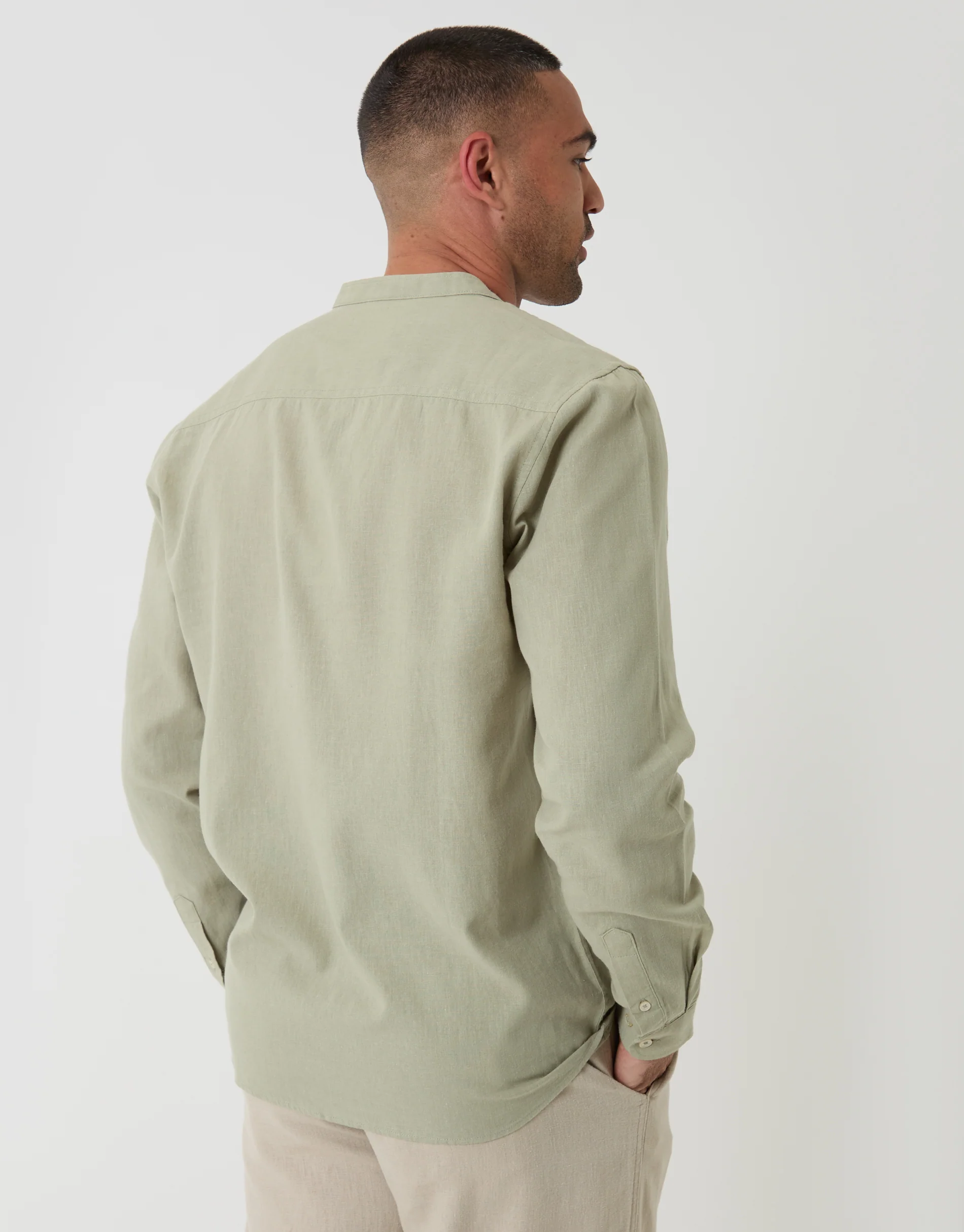 Grandad Collar Linen Blend Long Sleeve Shirt in Sage Green - Image 2