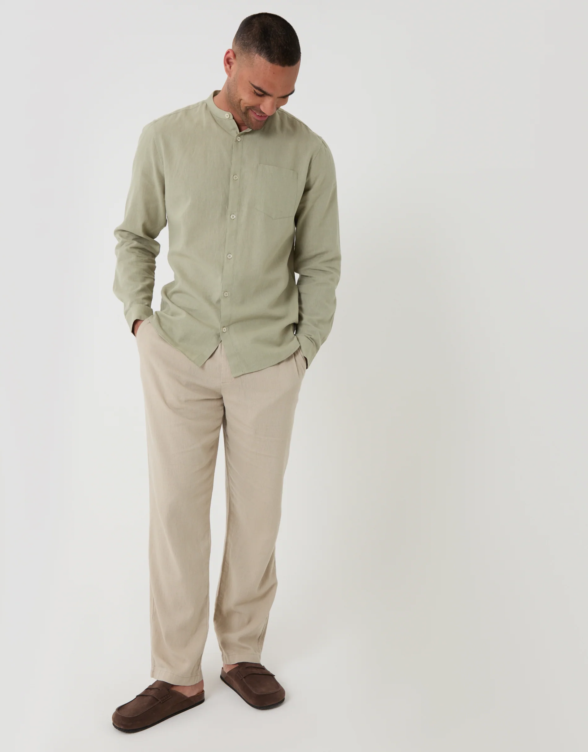 Grandad Collar Linen Blend Long Sleeve Shirt in Sage Green - Image 3