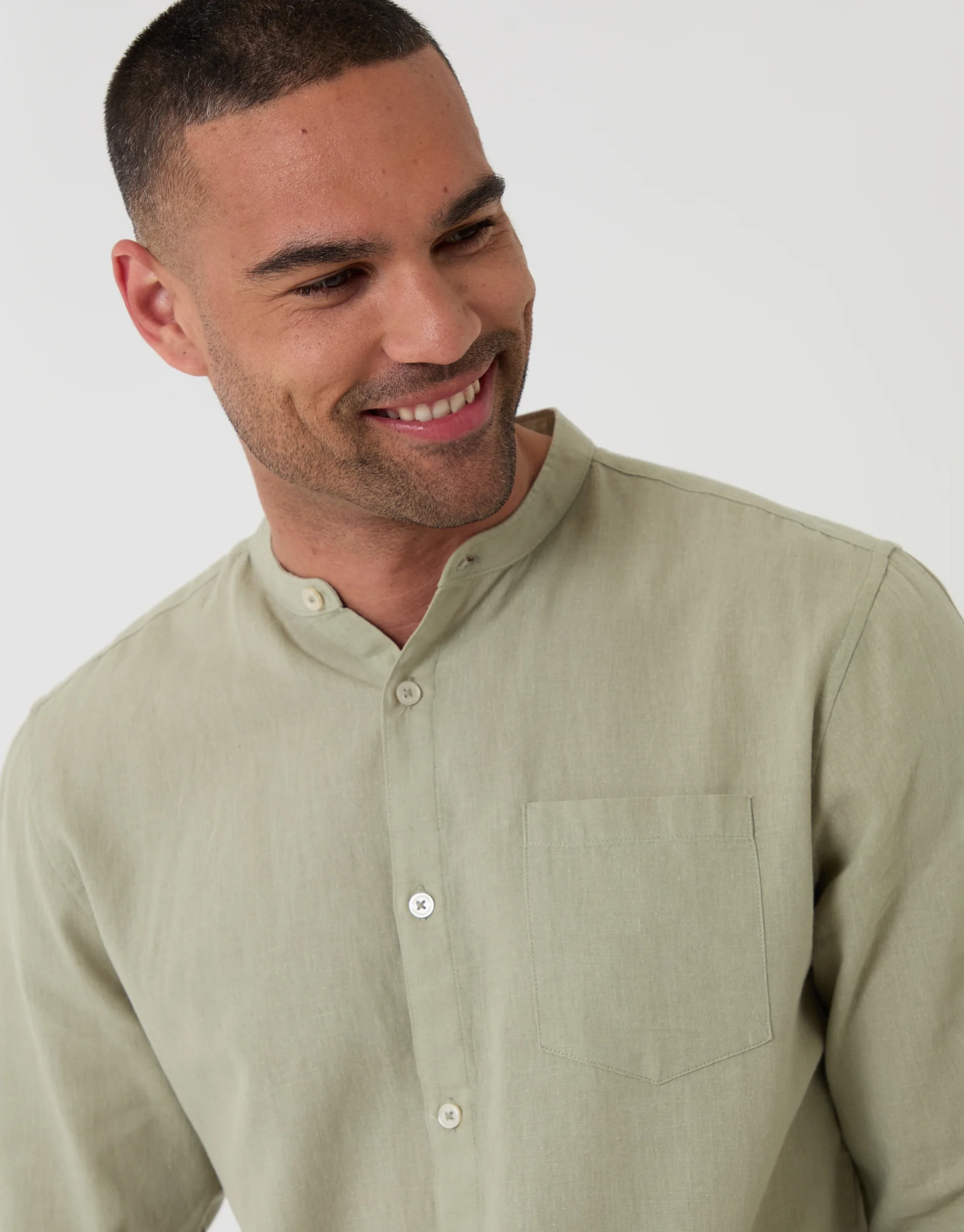 Grandad Collar Linen Blend Long Sleeve Shirt in Sage Green - Image 4