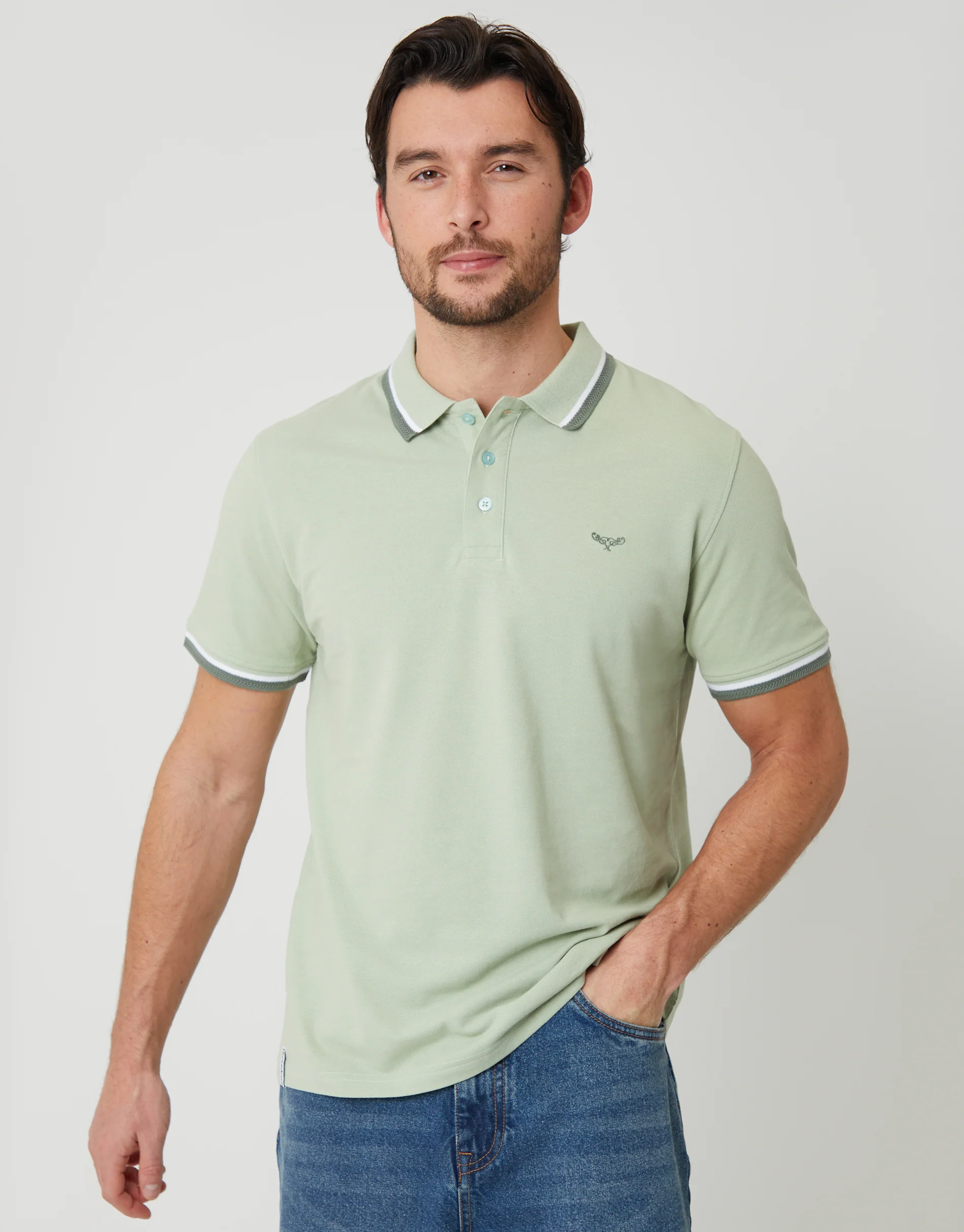 Herringbone Tipping Detail Pique Polo Shirt in Sage Green