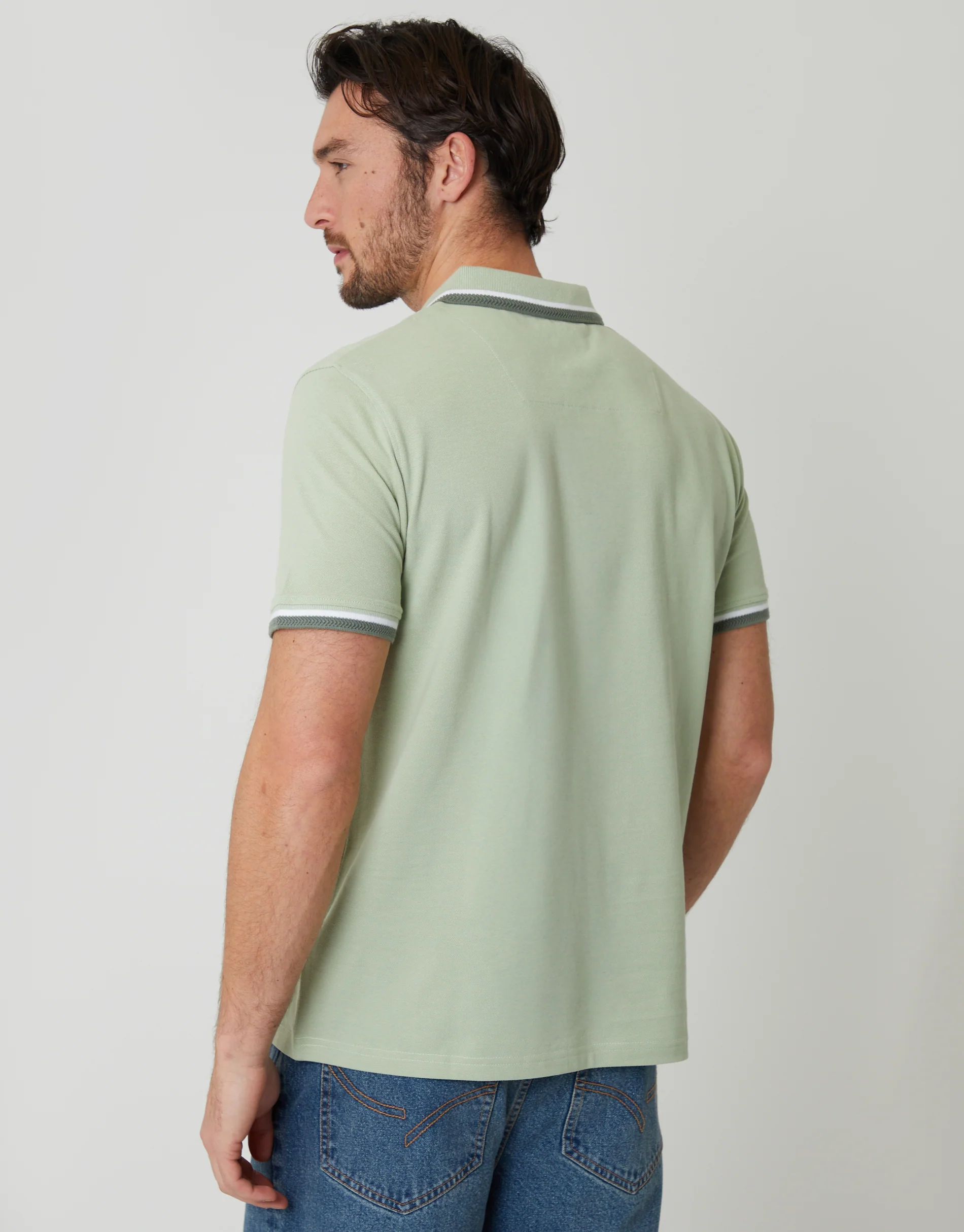 Herringbone Tipping Detail Pique Polo Shirt in Sage Green - Image 2