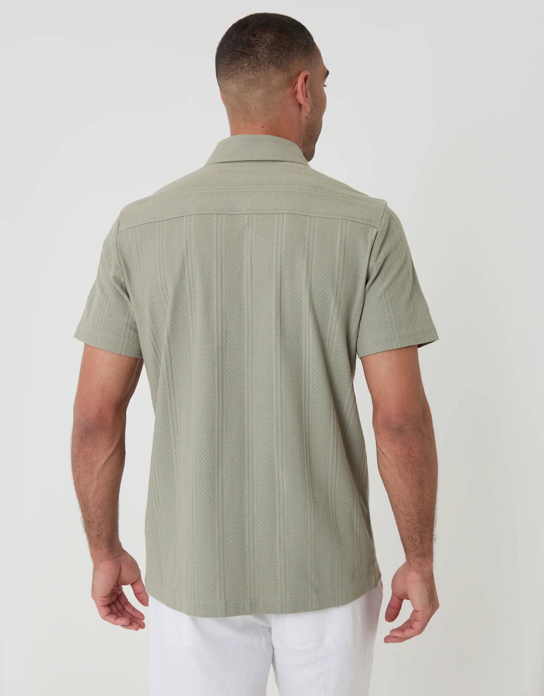 Knitted Cotton Blend Short Sleeve Shirt in Sage Green - Image 3