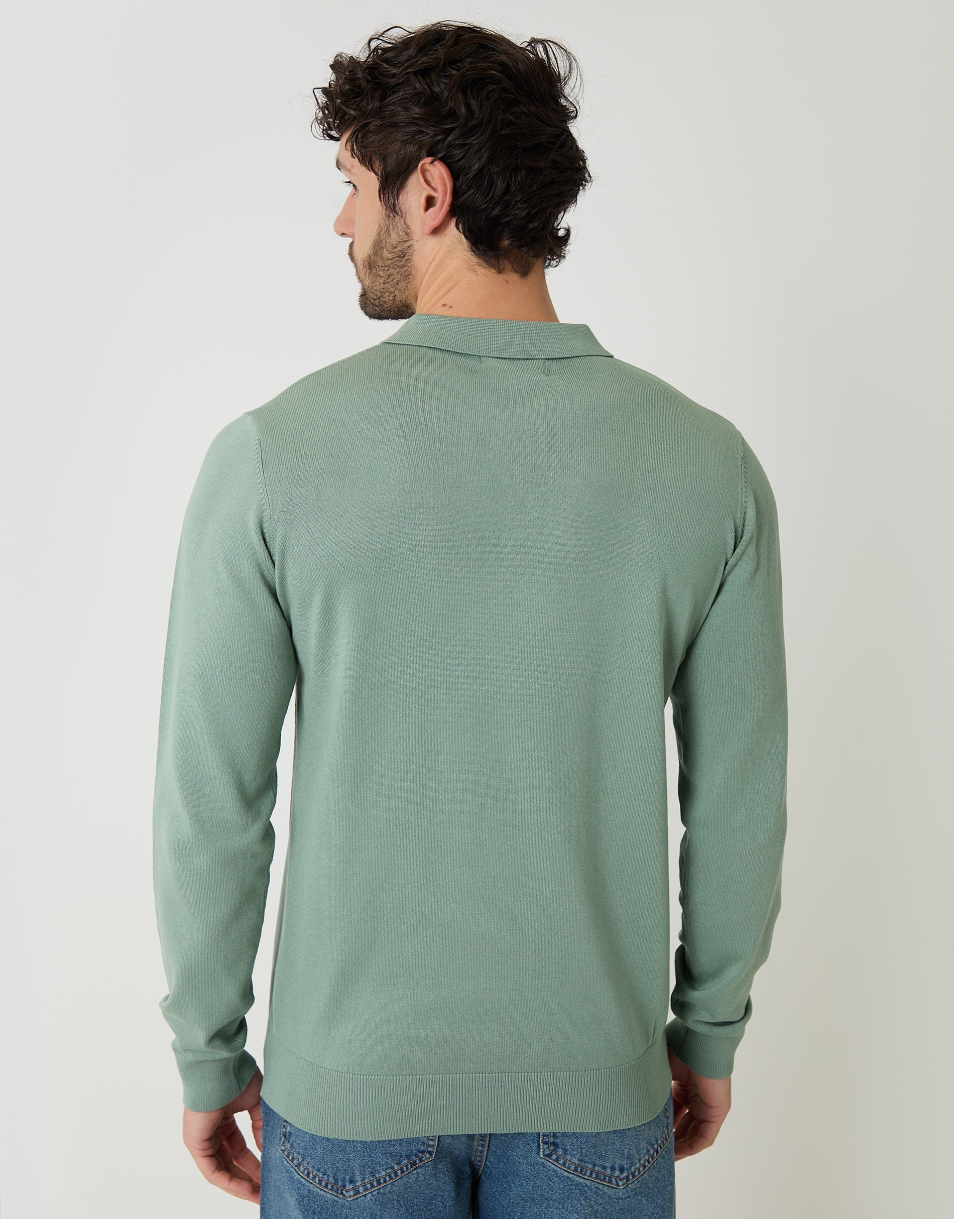 Knitted Long Sleeve Polo Jumper in Sage Green - Image 2