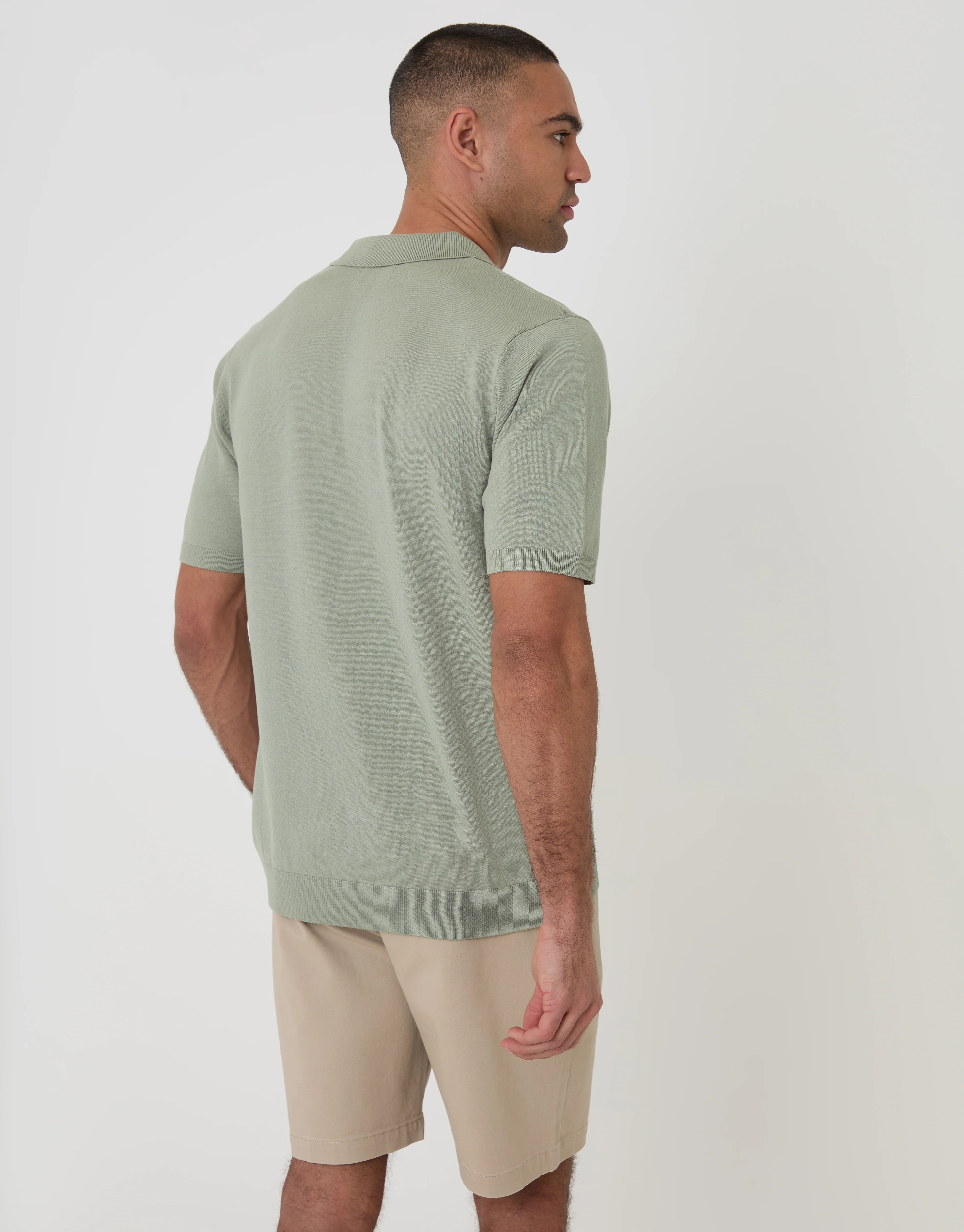 Knitted Trophy Neck Polo in Sage Green - Image 2