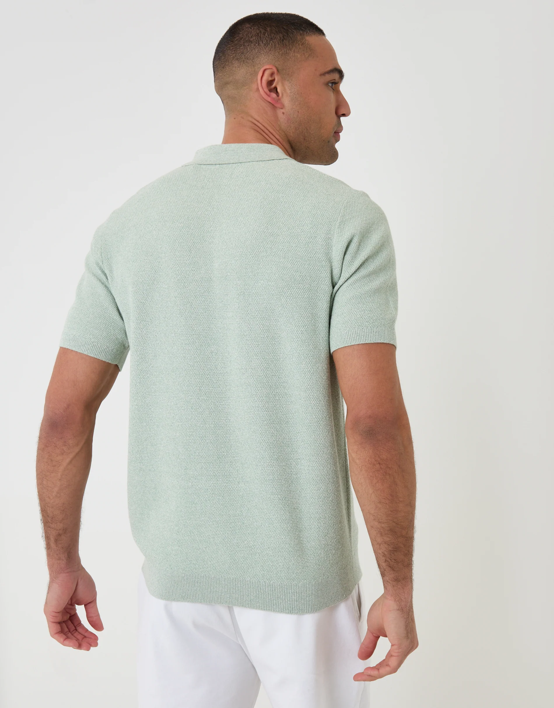 Moss Stitch Knitted Polo in Sage Green - Image 3