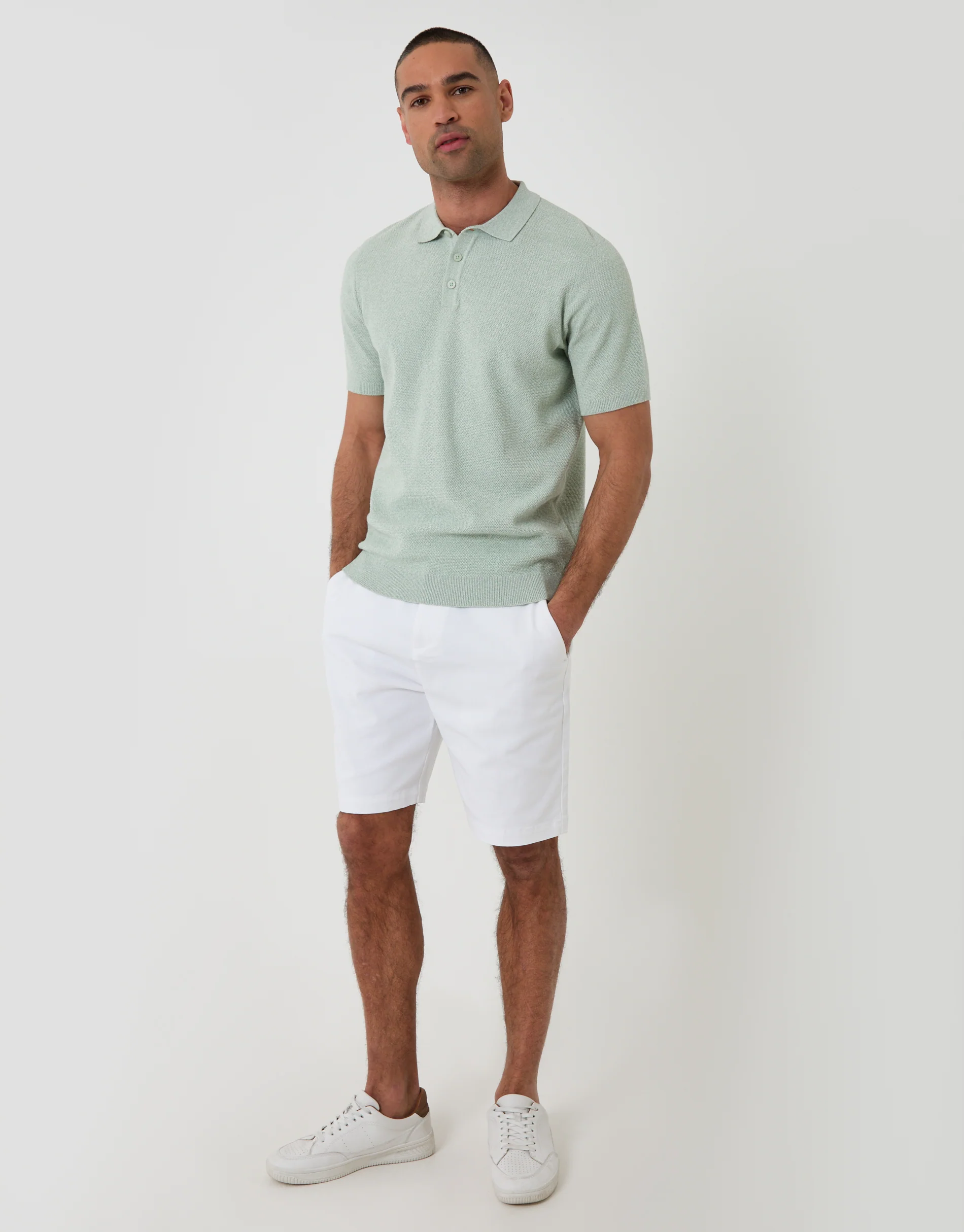 Moss Stitch Knitted Polo in Sage Green - Image 4