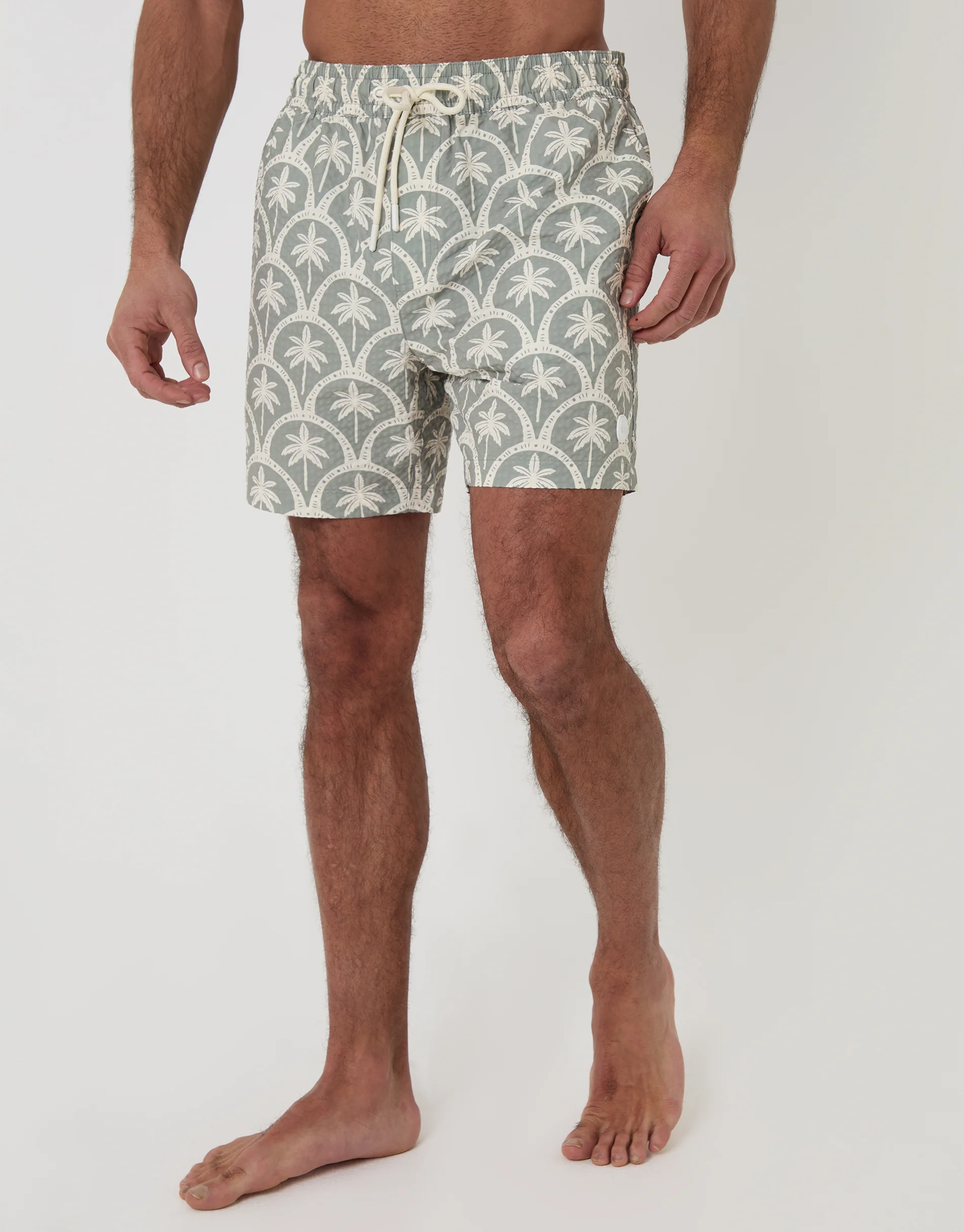 Palm Print Seersucker Swim Shorts in Sage Green