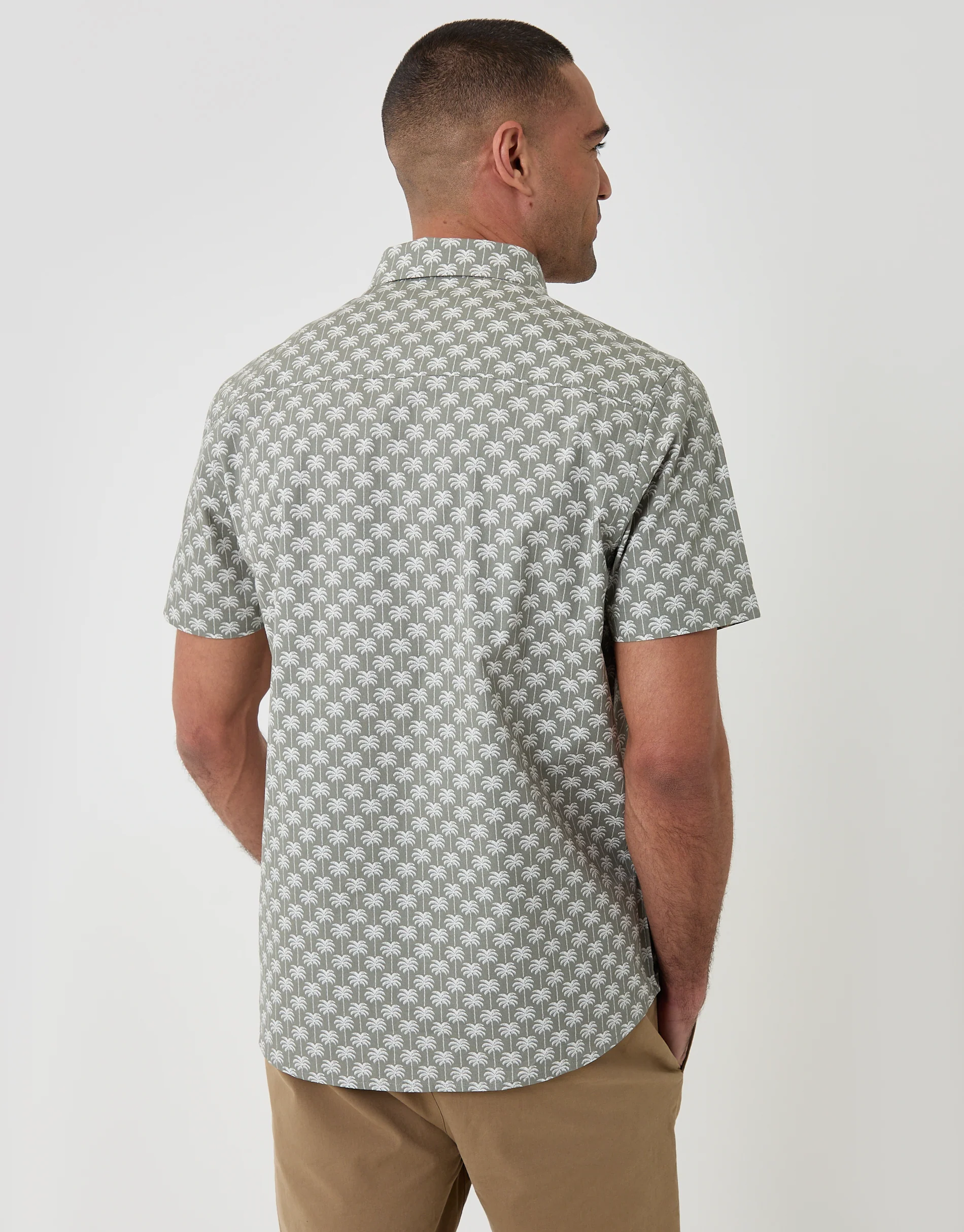 Palm Tree Print Cotton Poplin Short Sleeve Shirt in Sage Green - Image 2