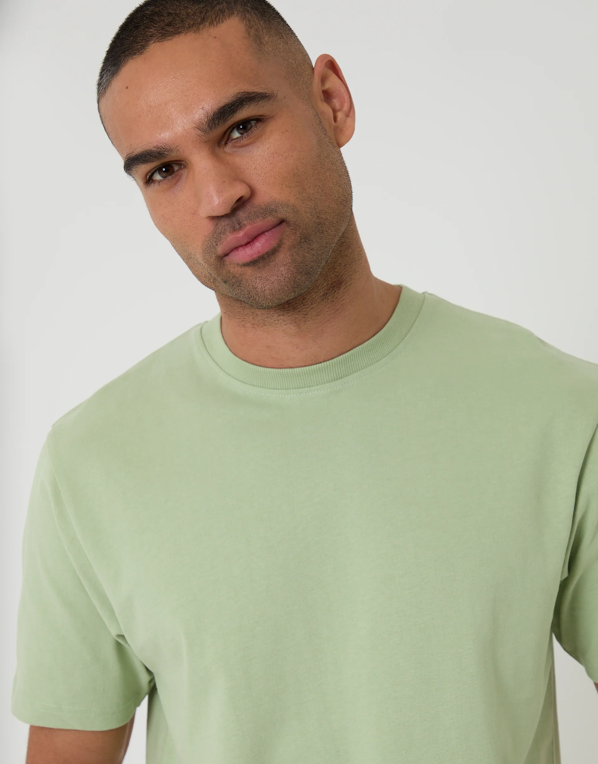 Peached Cotton Crew Neck T-Shirt in Sage Green - Image 4