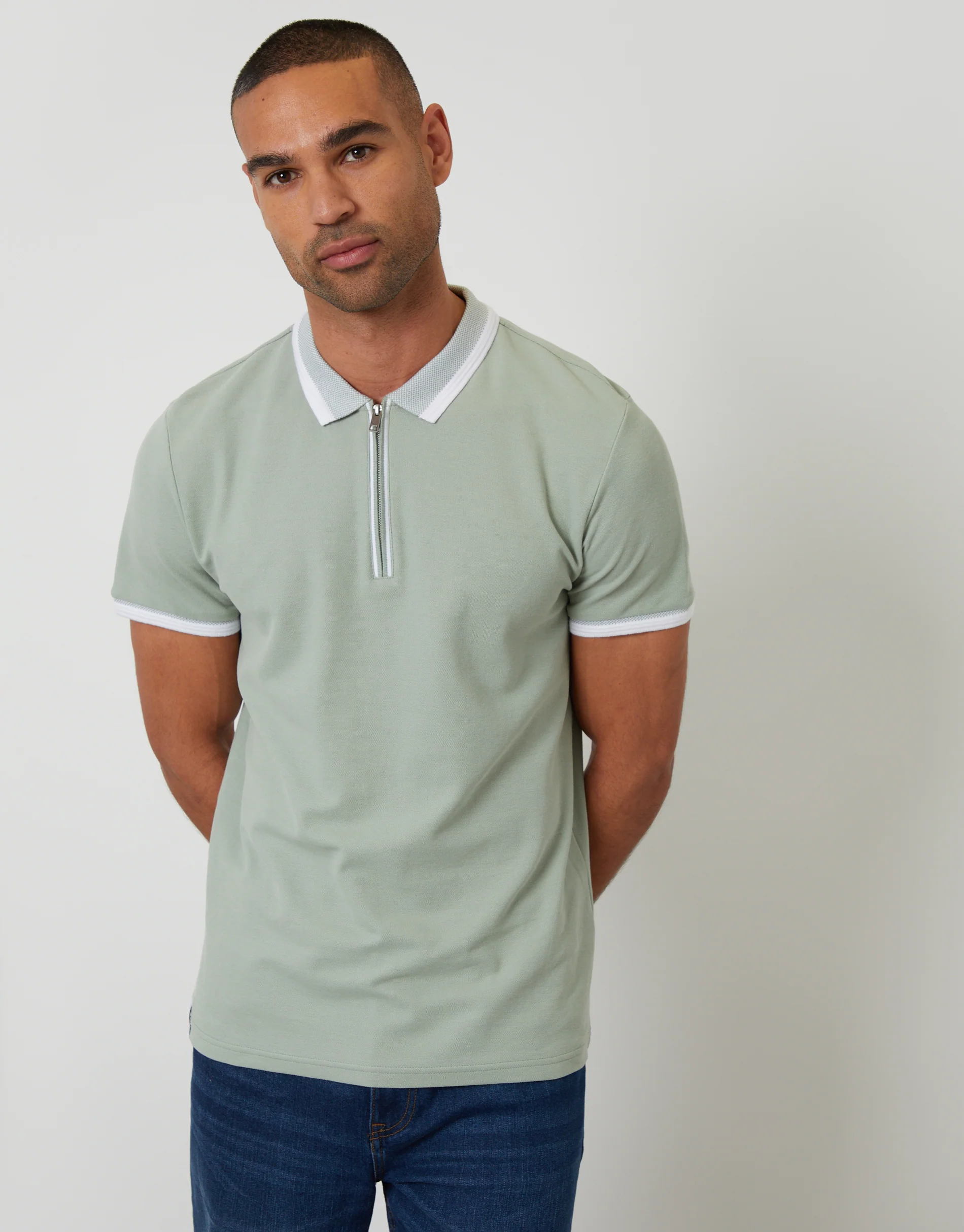 Pique Tipping Collar Quarter Zip Polo Shirt in Sage Green