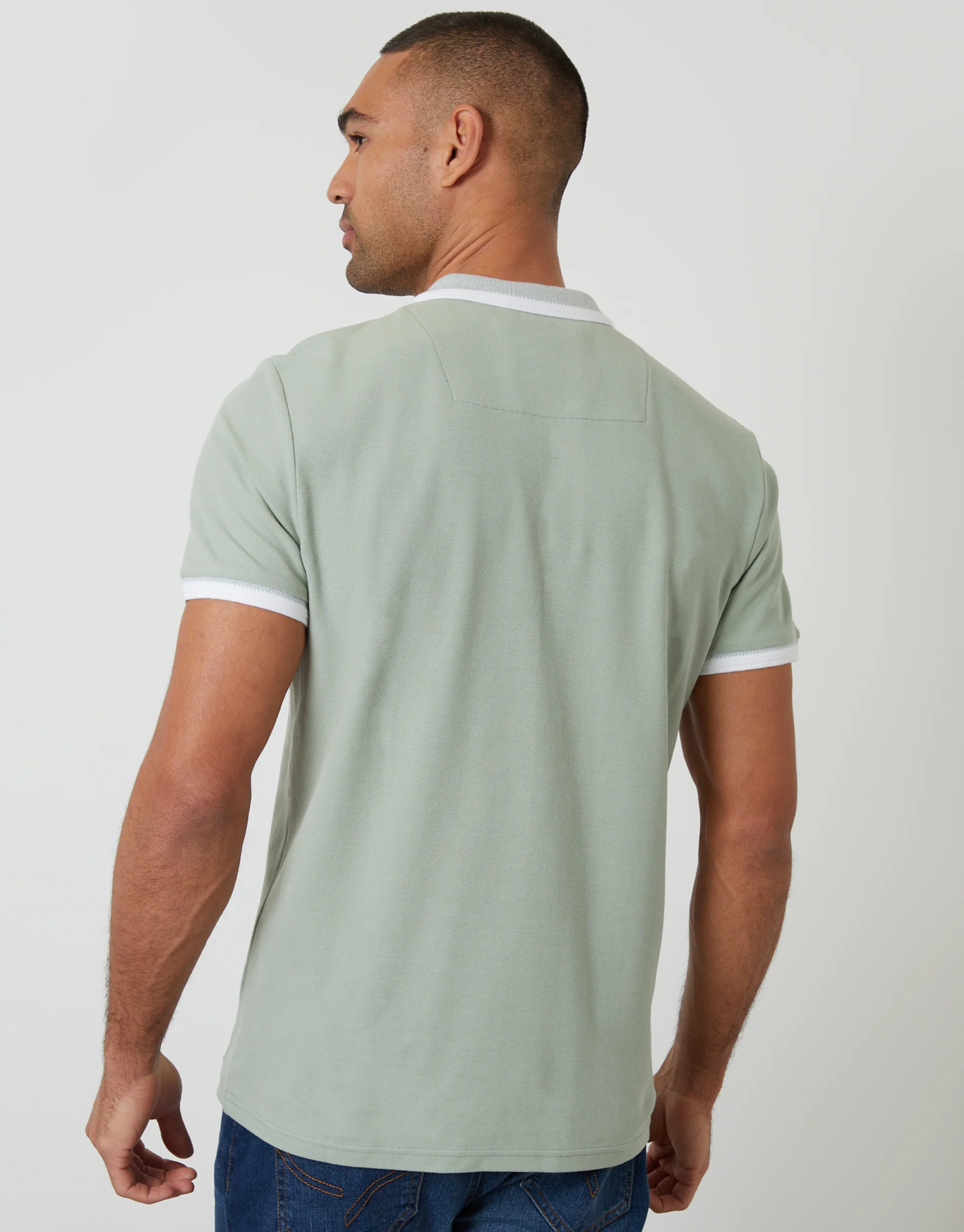 Pique Tipping Collar Quarter Zip Polo Shirt in Sage Green - Image 2
