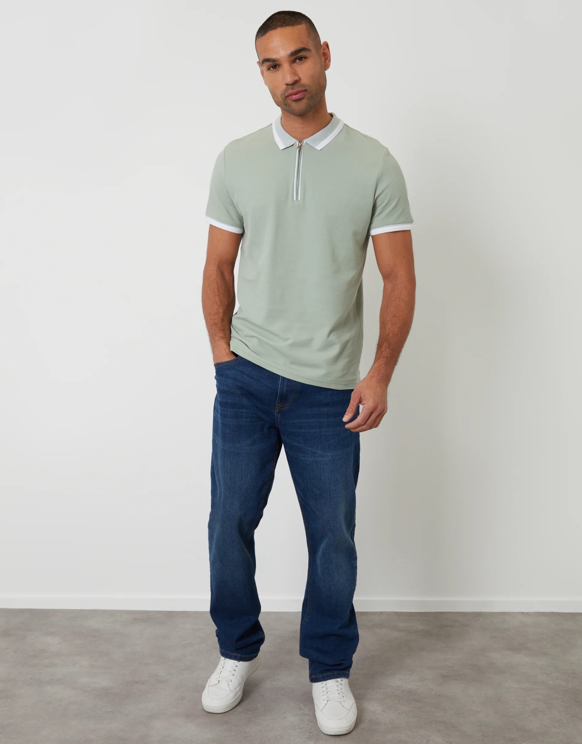 Pique Tipping Collar Quarter Zip Polo Shirt in Sage Green - Image 3
