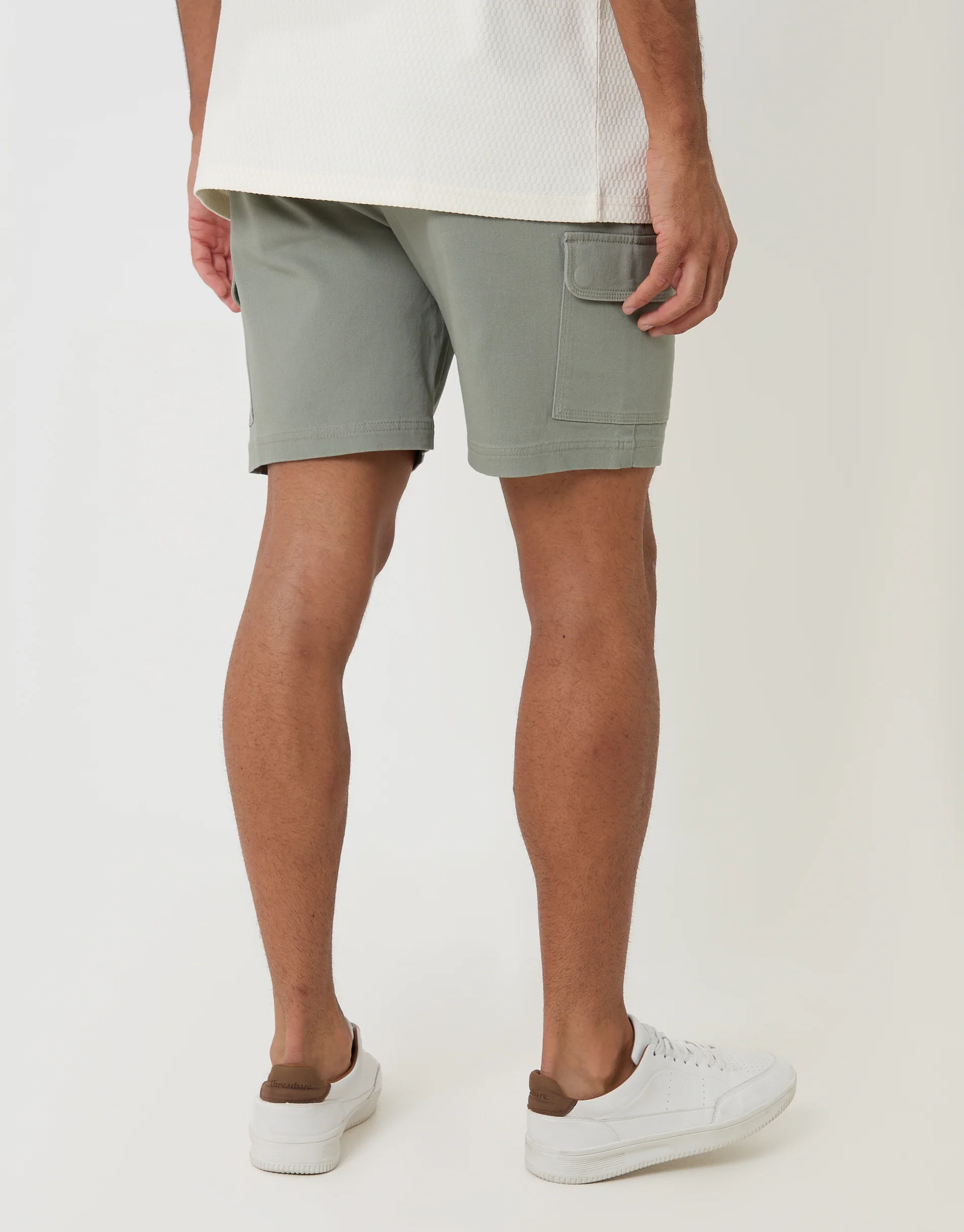 Shorter Length Elasticated Waist Stretch Cargo Shorts in Sage Green - Image 3