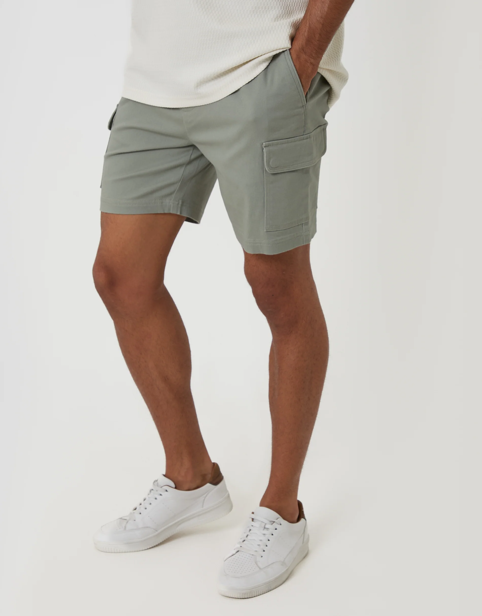 Shorter Length Elasticated Waist Stretch Cargo Shorts in Sage Green - Image 4