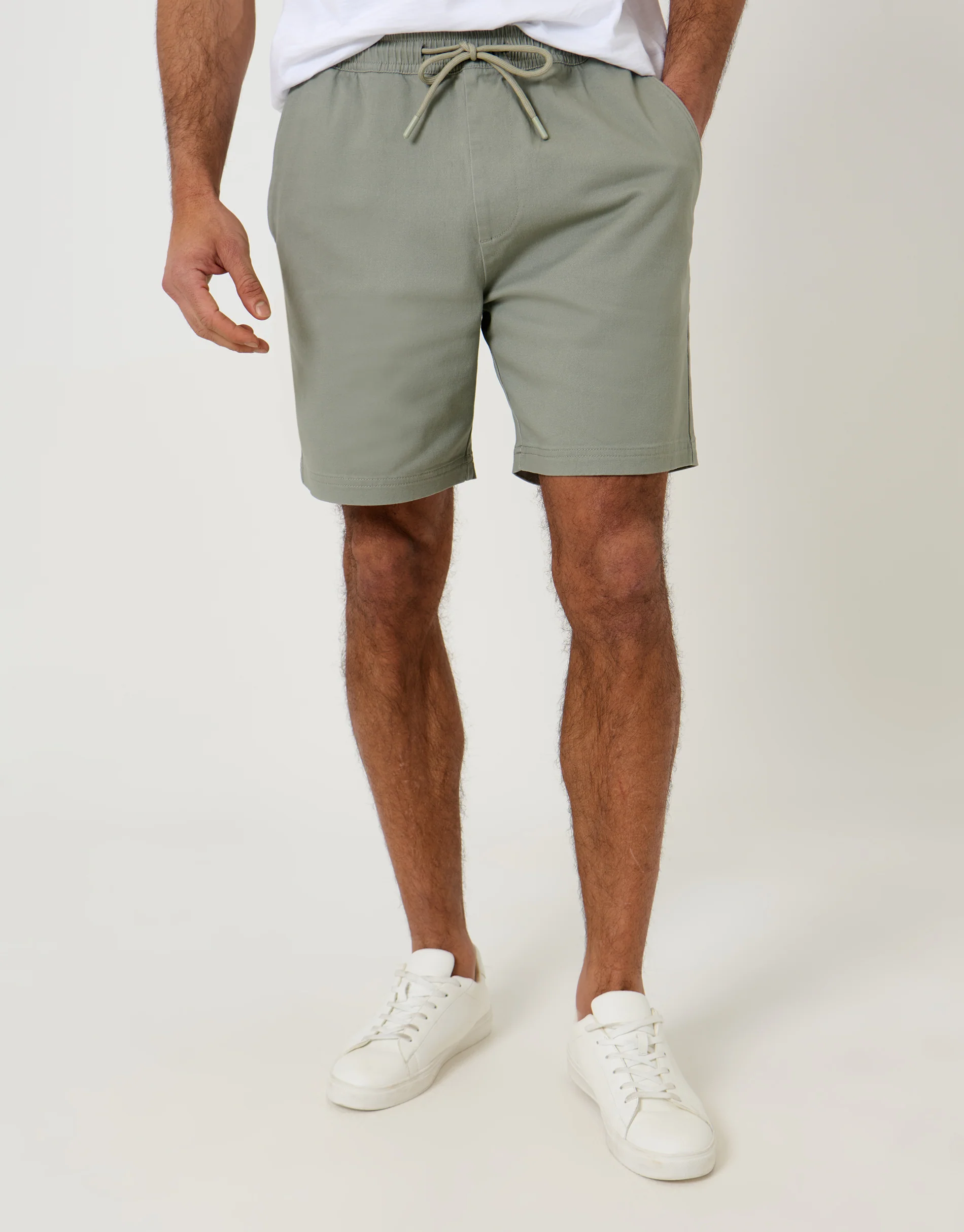 Shorter Length Elasticated Waist Stretch Chino Shorts in Sage Green - Image 2