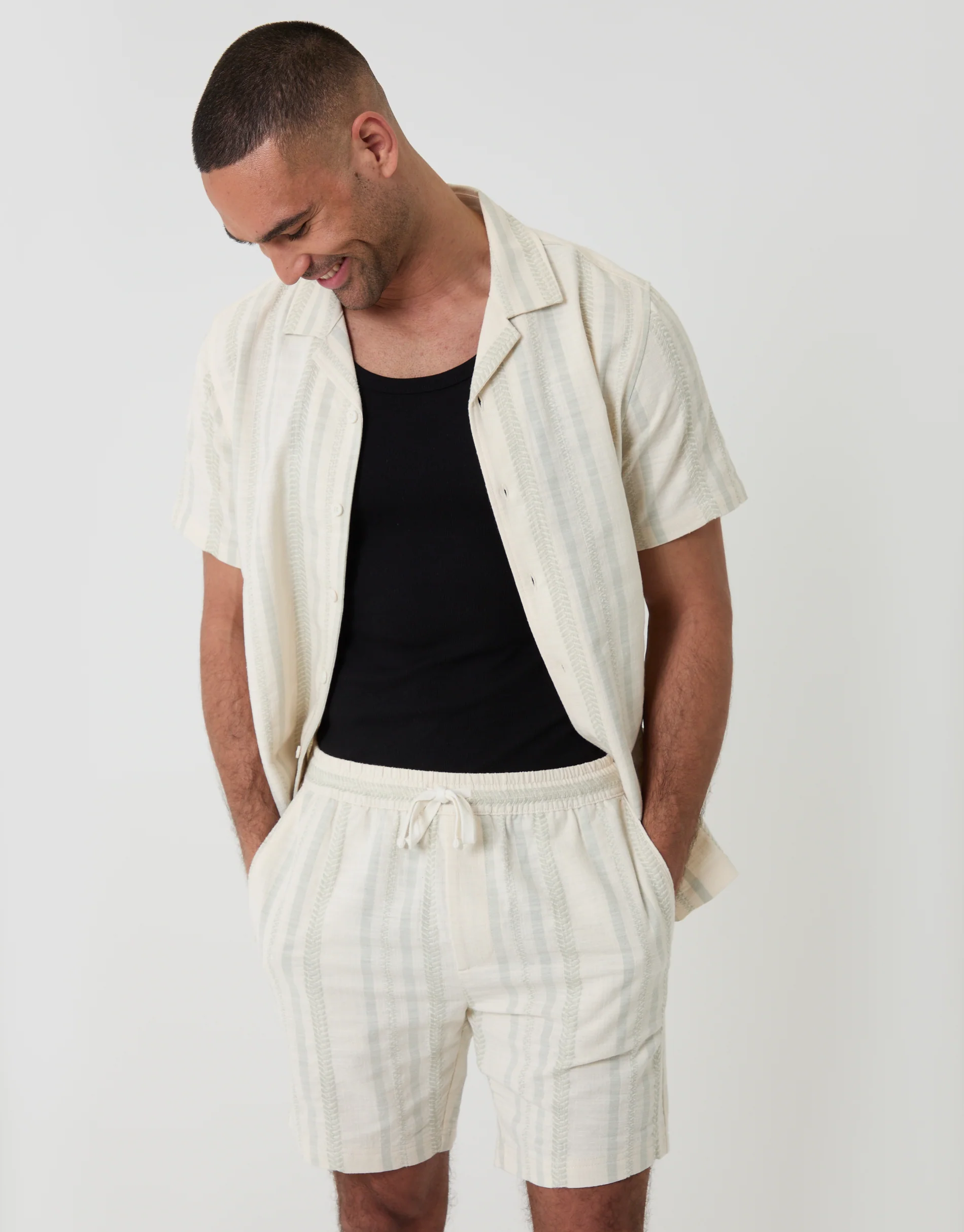 Shorter Length Geometric Textured Cotton Shorts in Sage Green Stripe