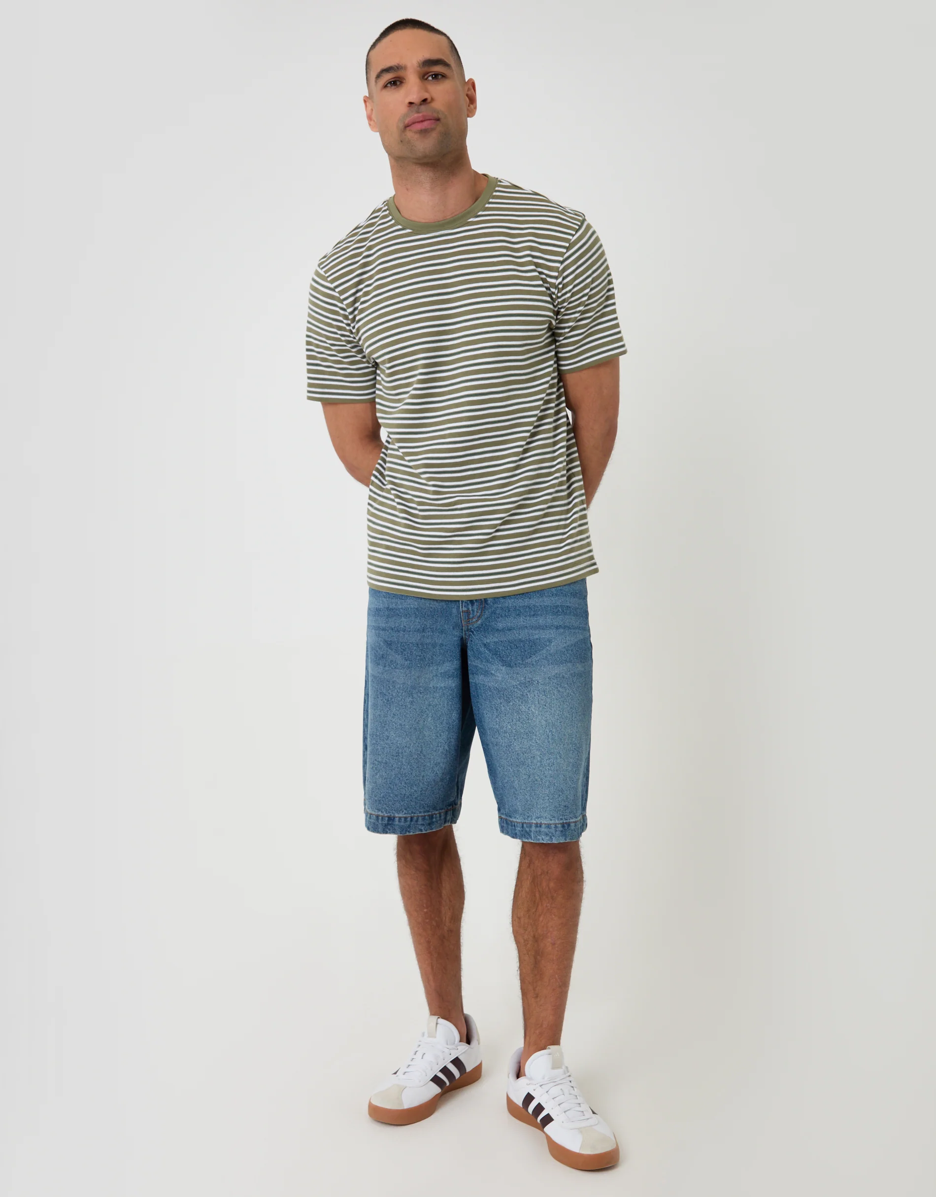 Cotton Crew Neck T-Shirt in Sage Green Stripe - Image 4