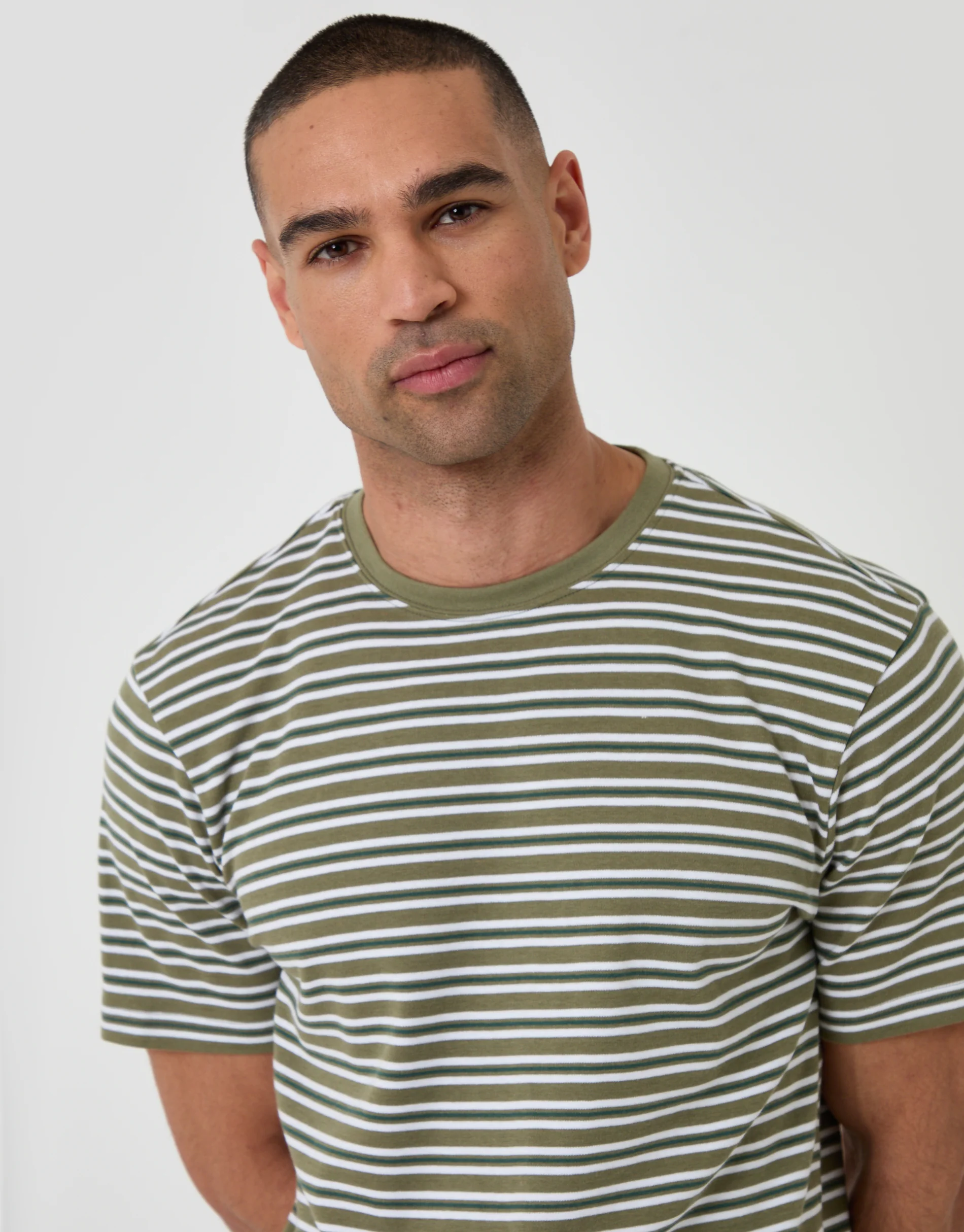 Cotton Crew Neck T-Shirt in Sage Green Stripe - Image 5