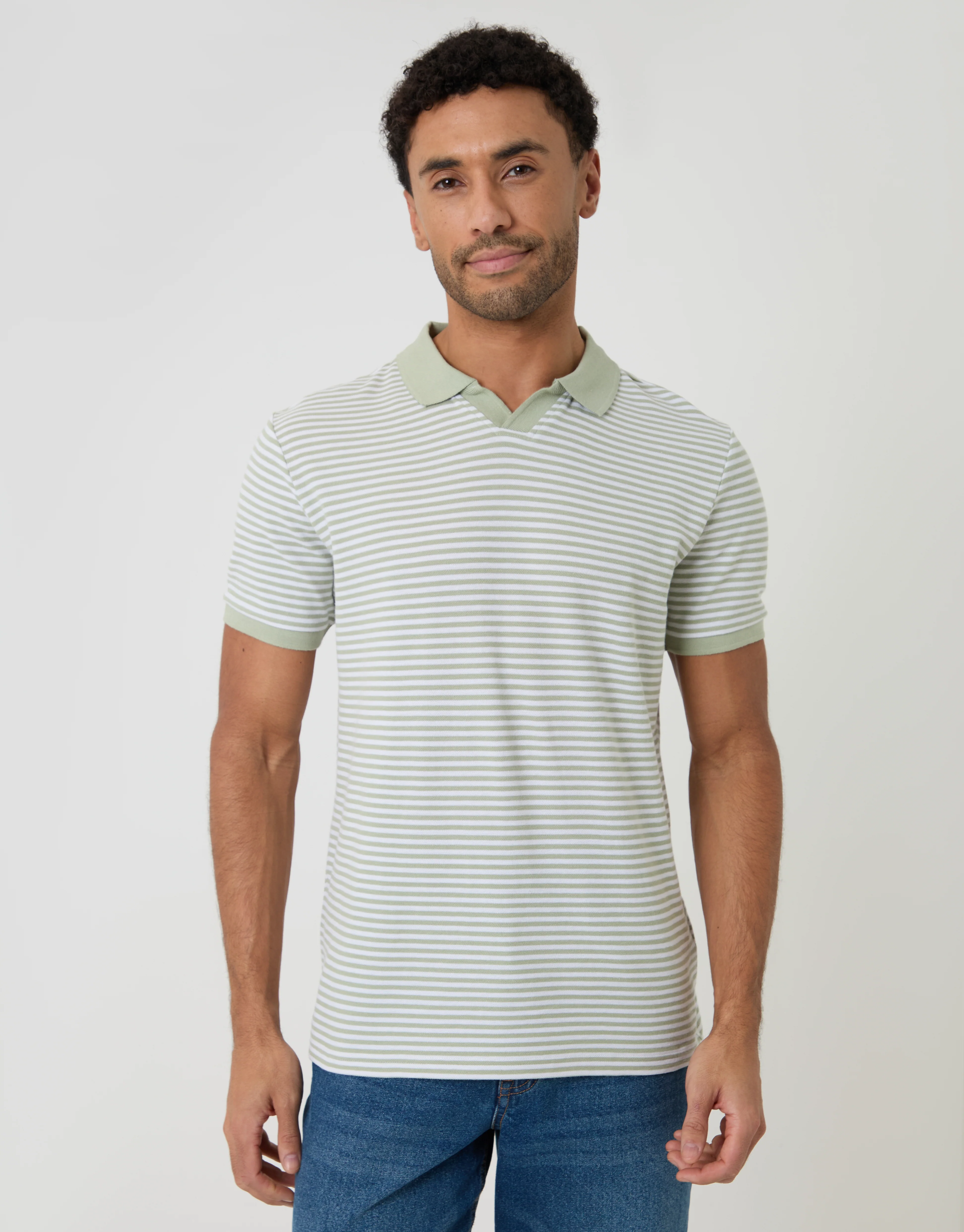 Trophy Neck Polo Shirt in Sage Green Stripe