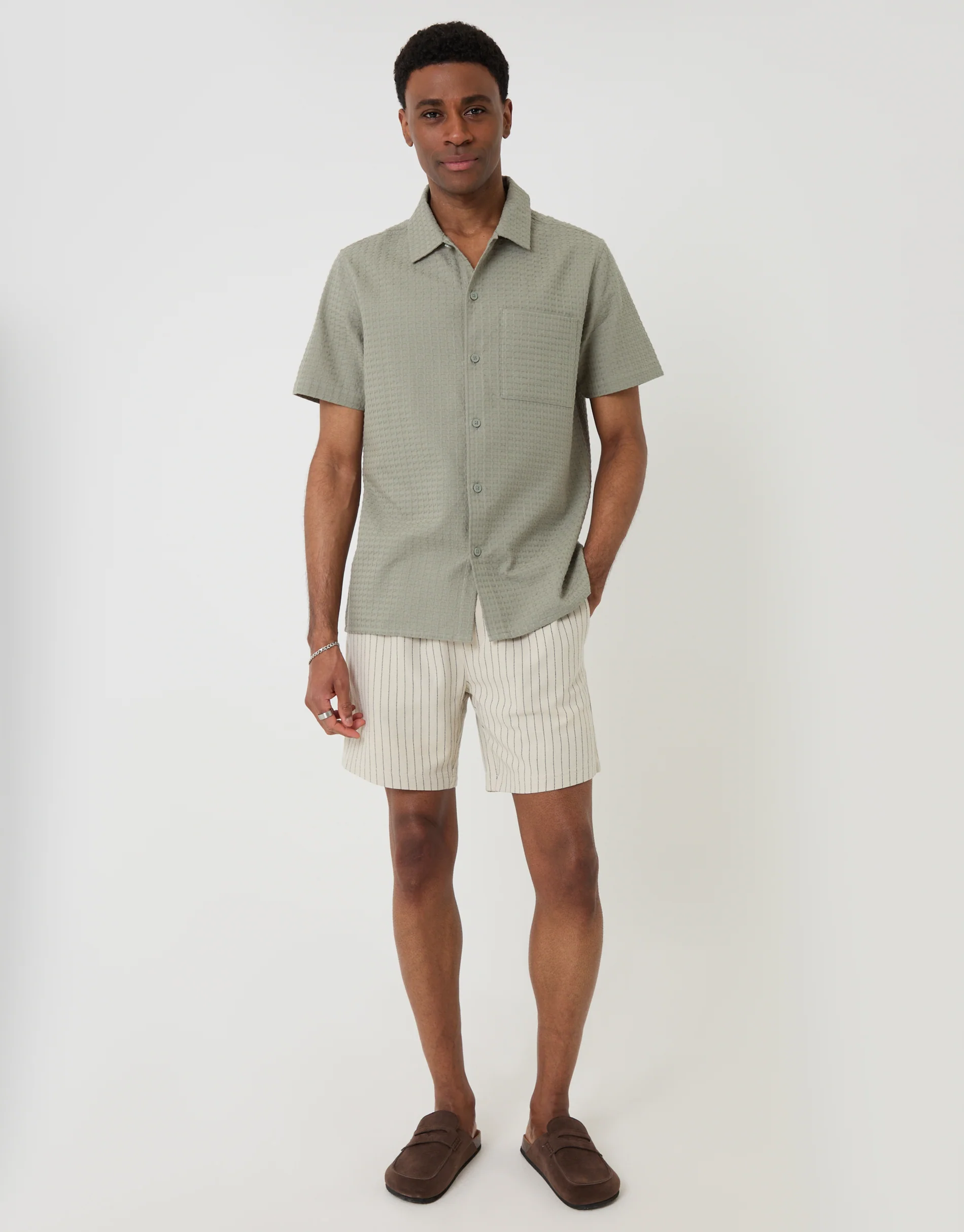Textured Cotton Short Sleeve Shirt in Sage Green - Image 3