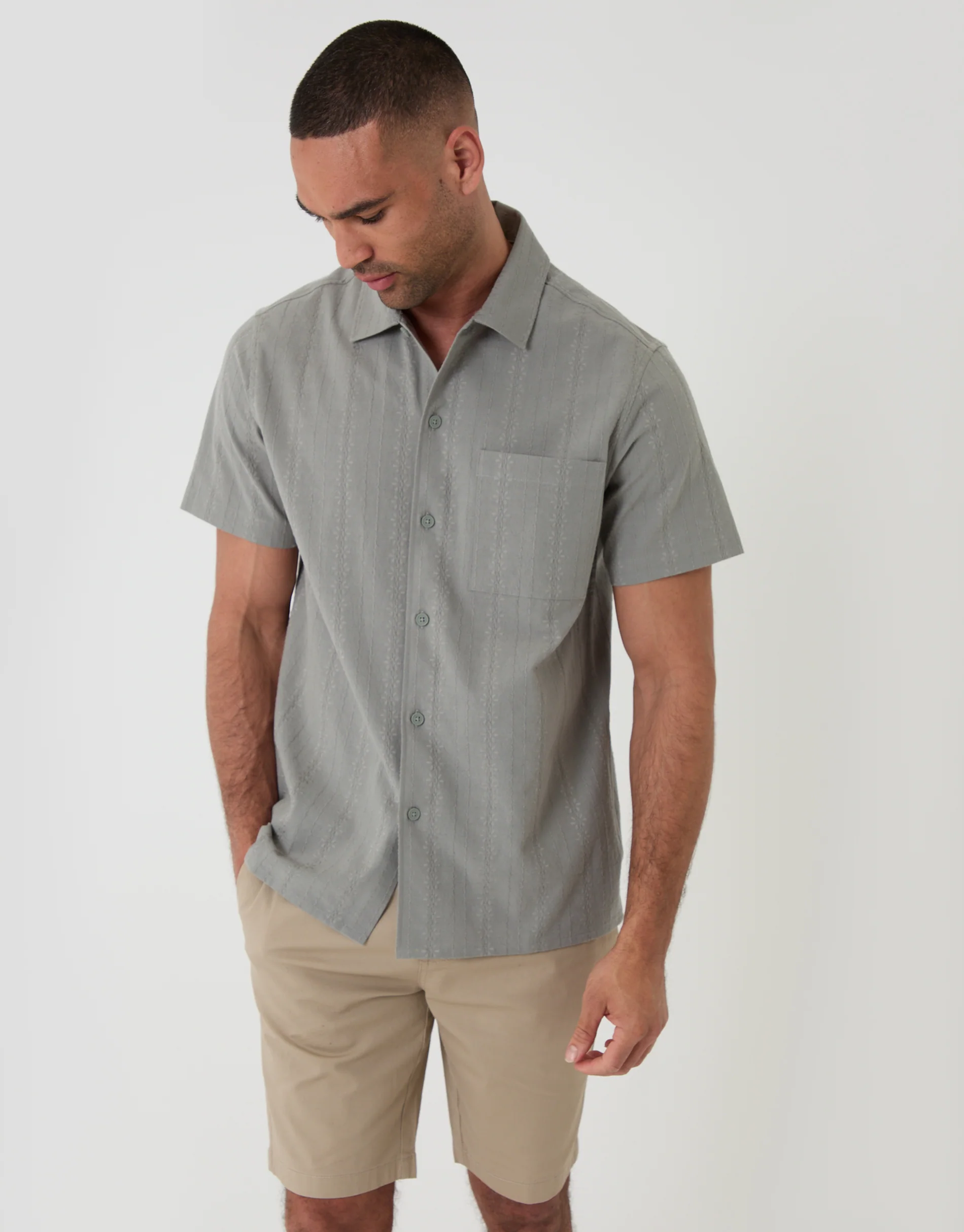 Textured Cotton Short Sleeve Shirt in Sage Green