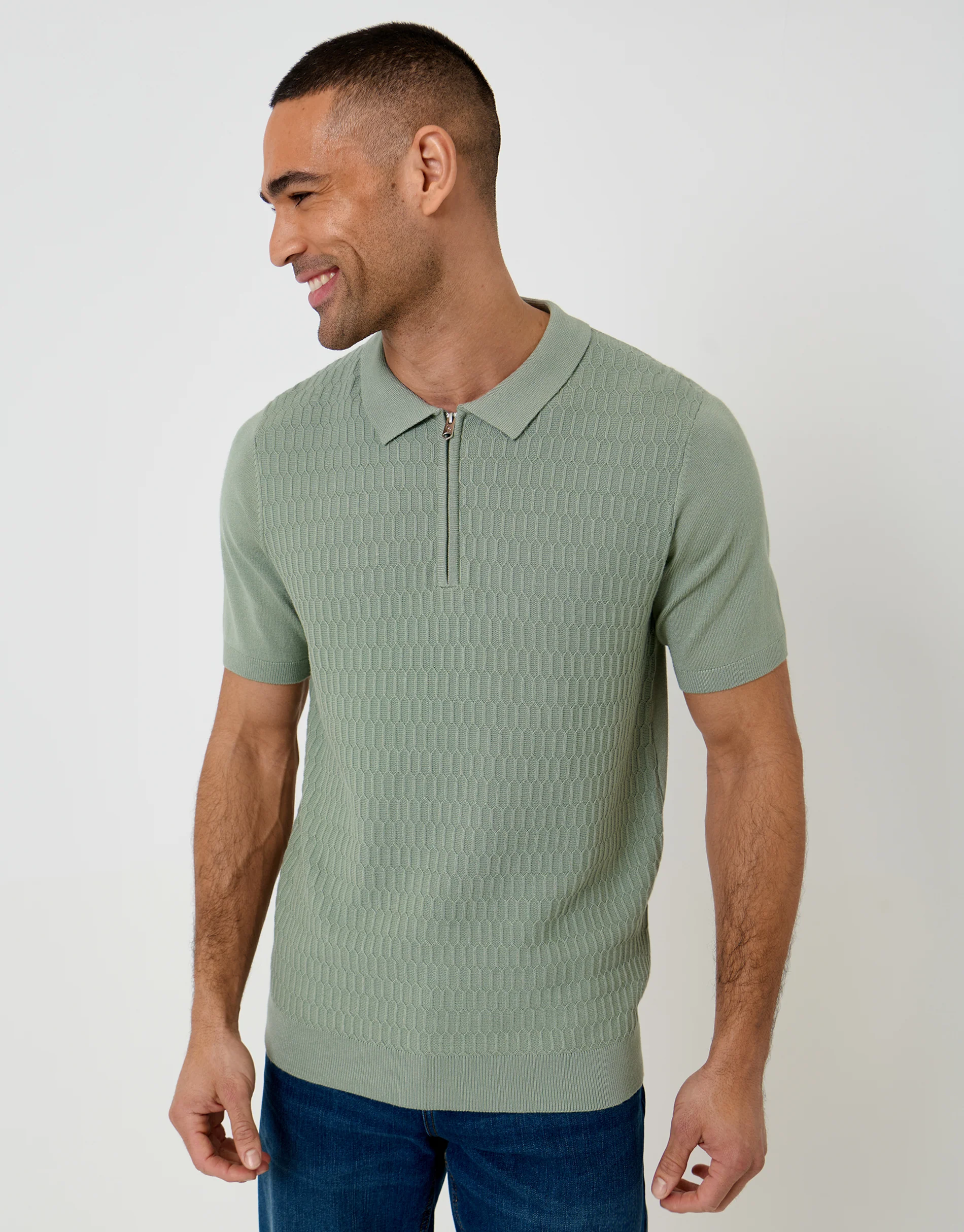 Textured Knit Quarter Zip Polo in Sage Green